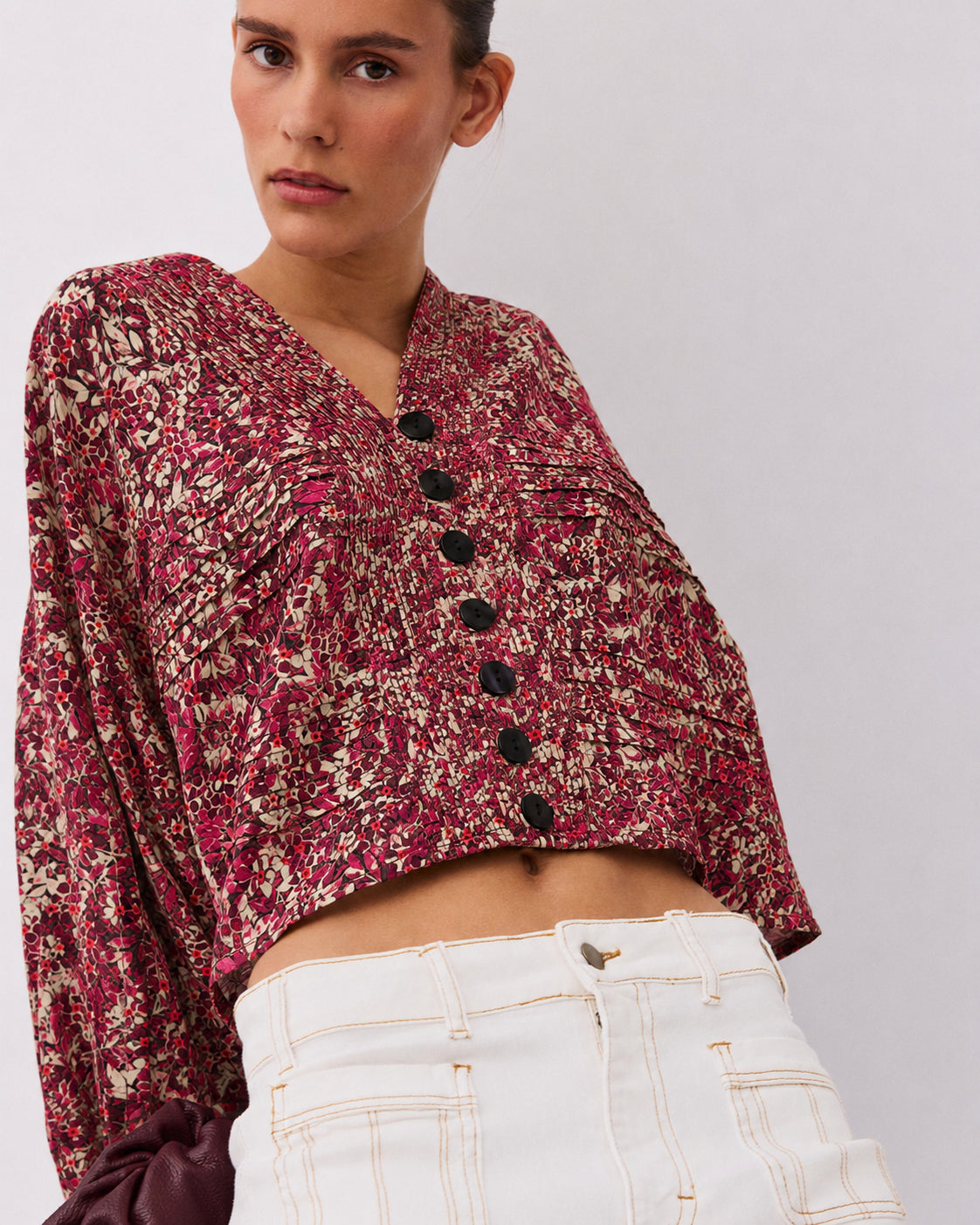 Blusa Pliegues Estampado Floral Granate