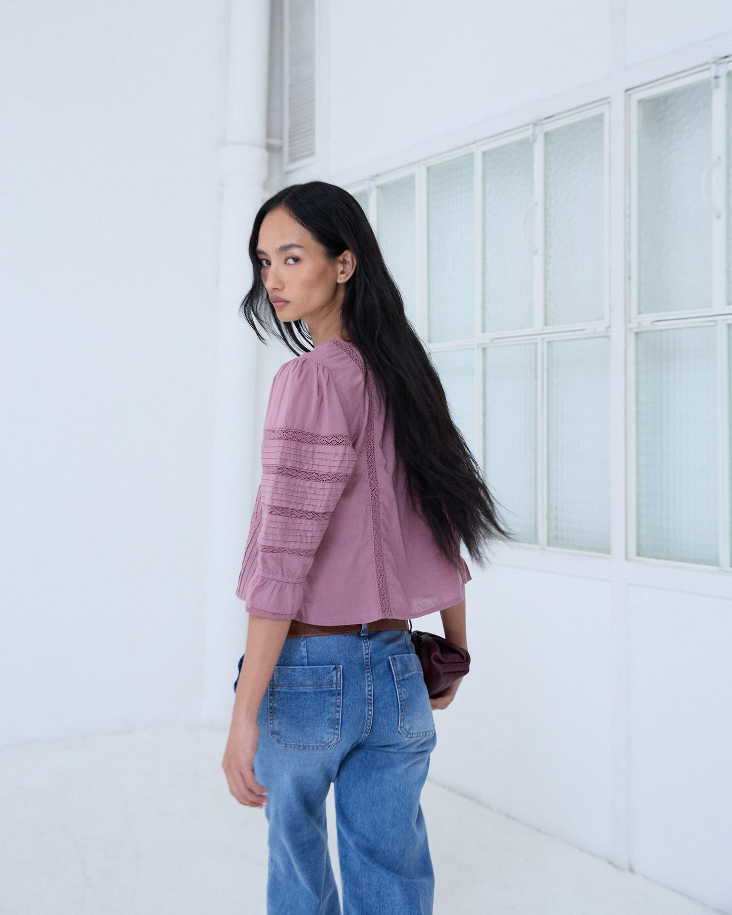 Blouse Col Carré Dentelles Rose