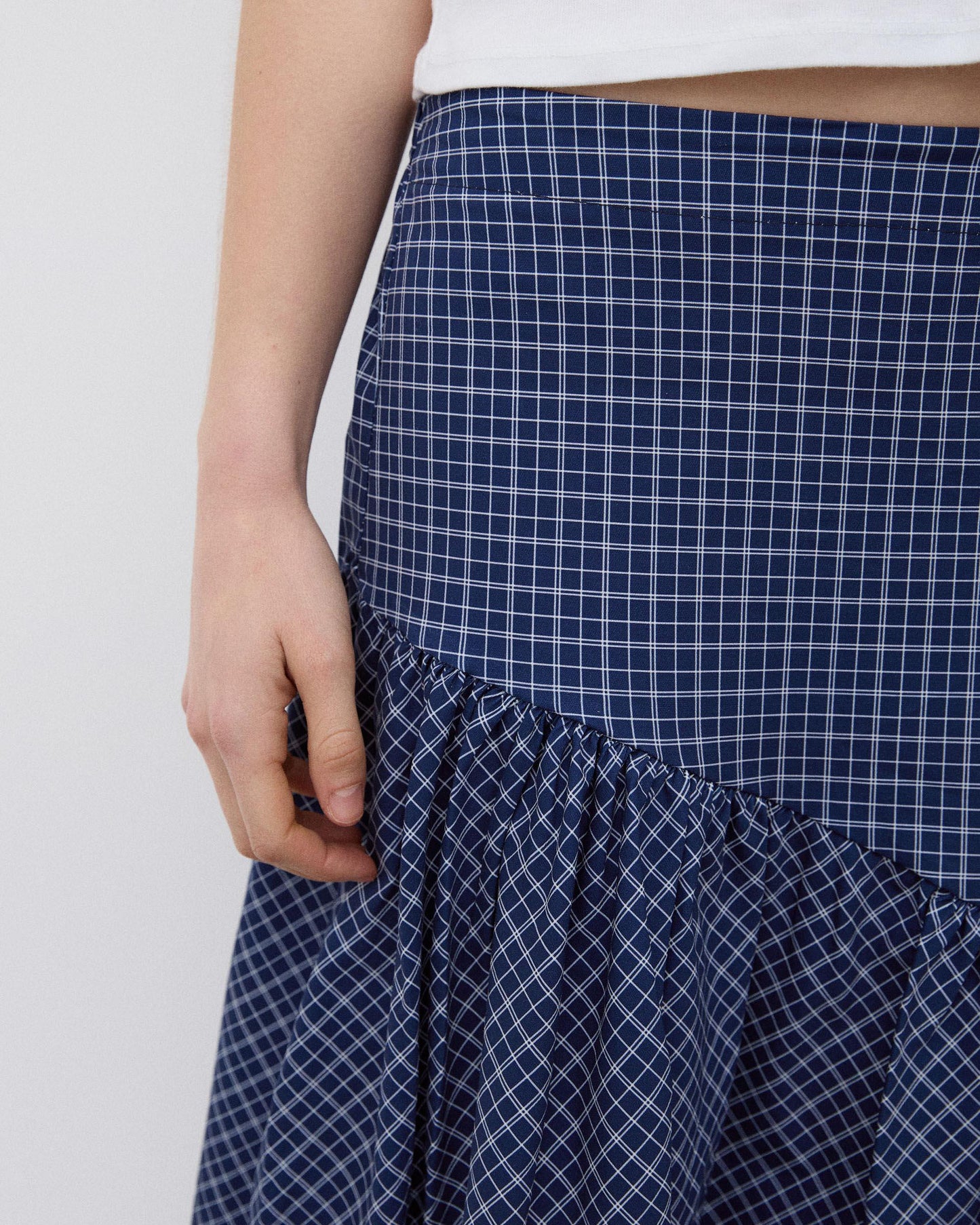 Dark Blue Plaid Asymmetrical Yoke Skirt