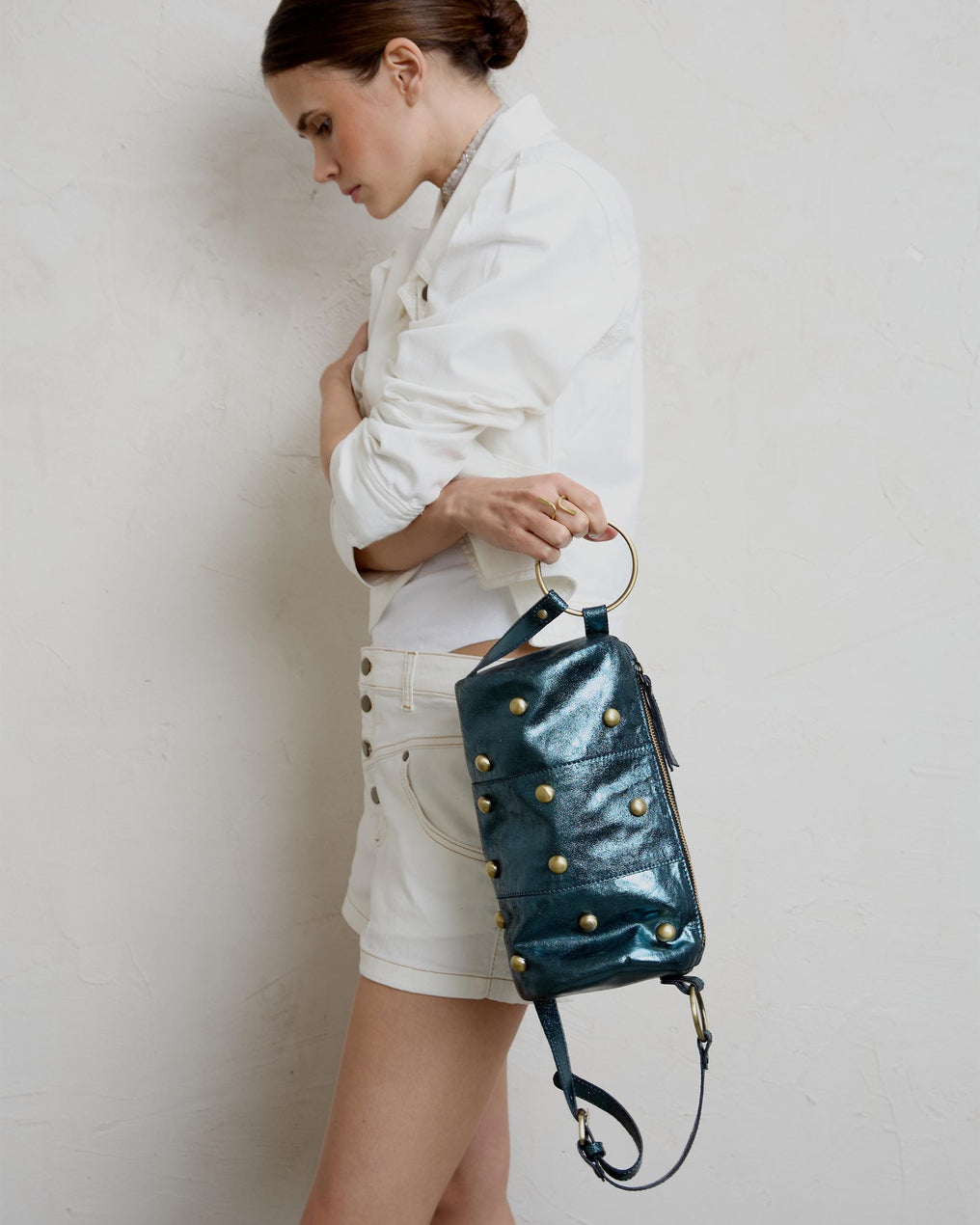 Mini Studded Leather Bag in Petrol Gloss