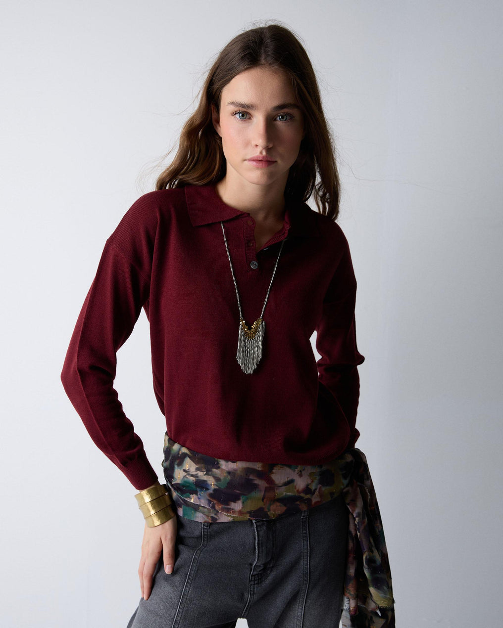 Maroon Fine Knit Polo Sweater