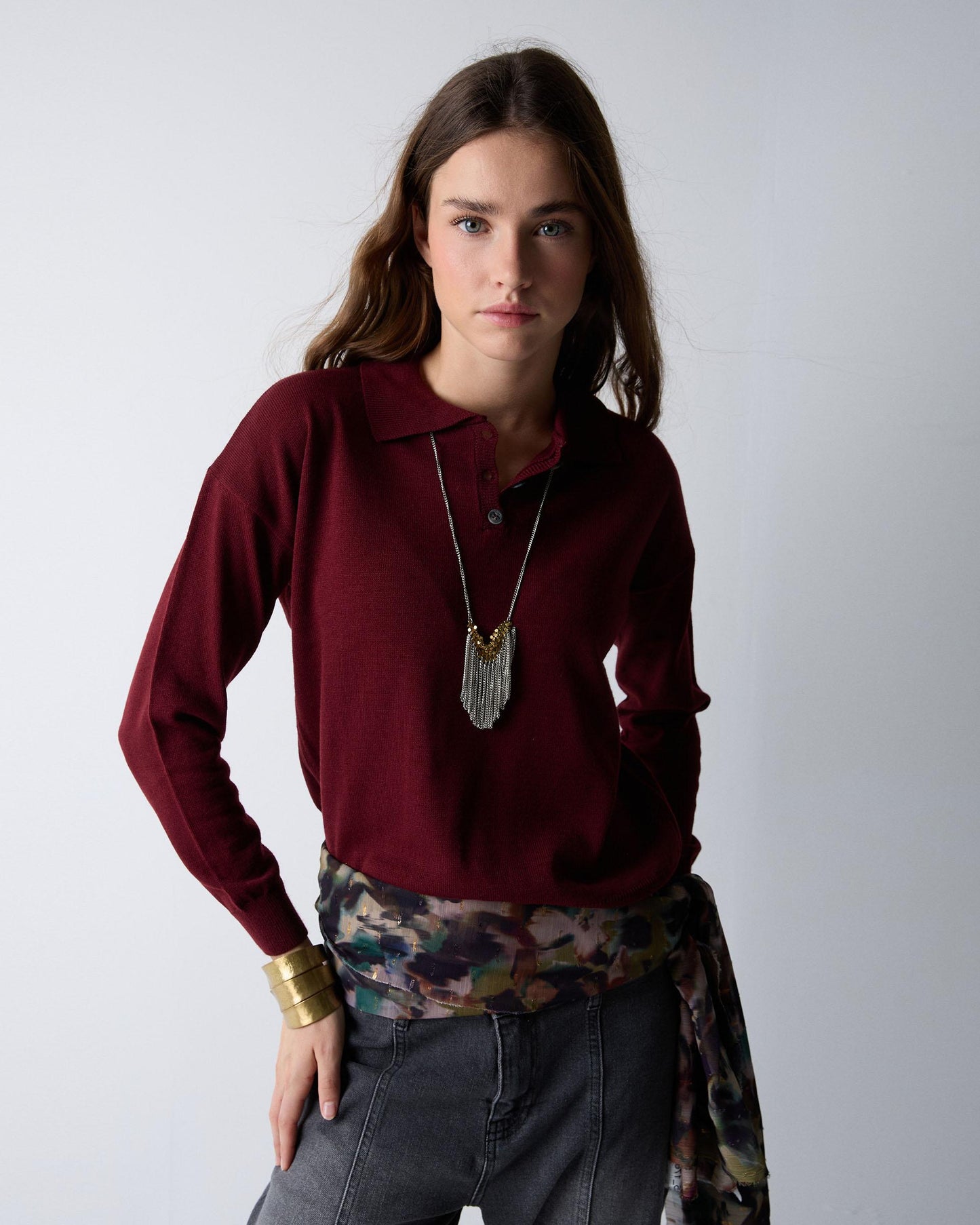 Maroon Fine Knit Polo Sweater
