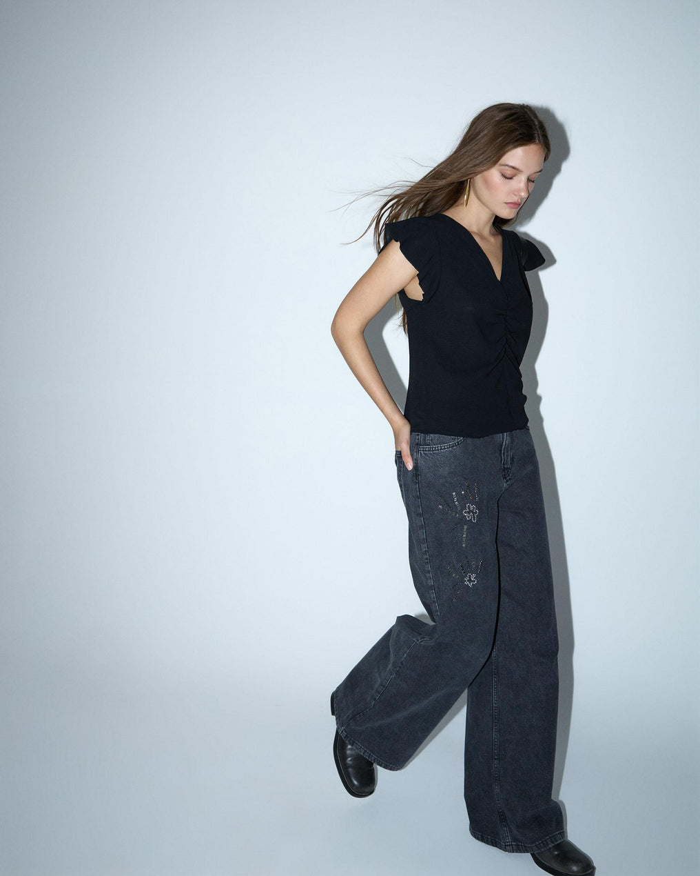 Jeans Bordado Abalorios Negro