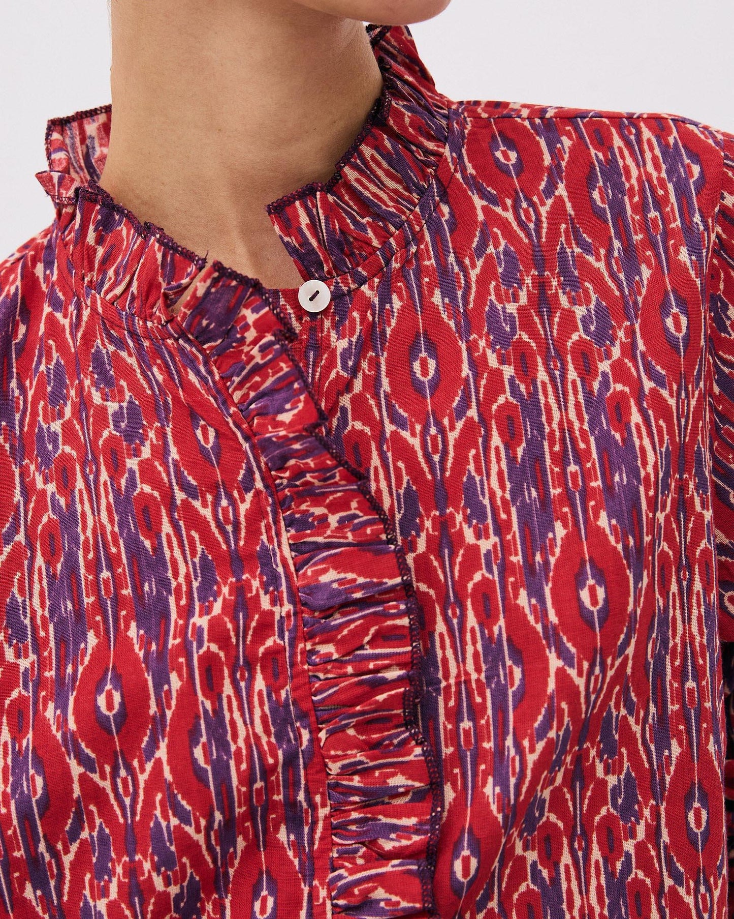 Blusa Folhos Picô Estampado Étnico Vermelha
