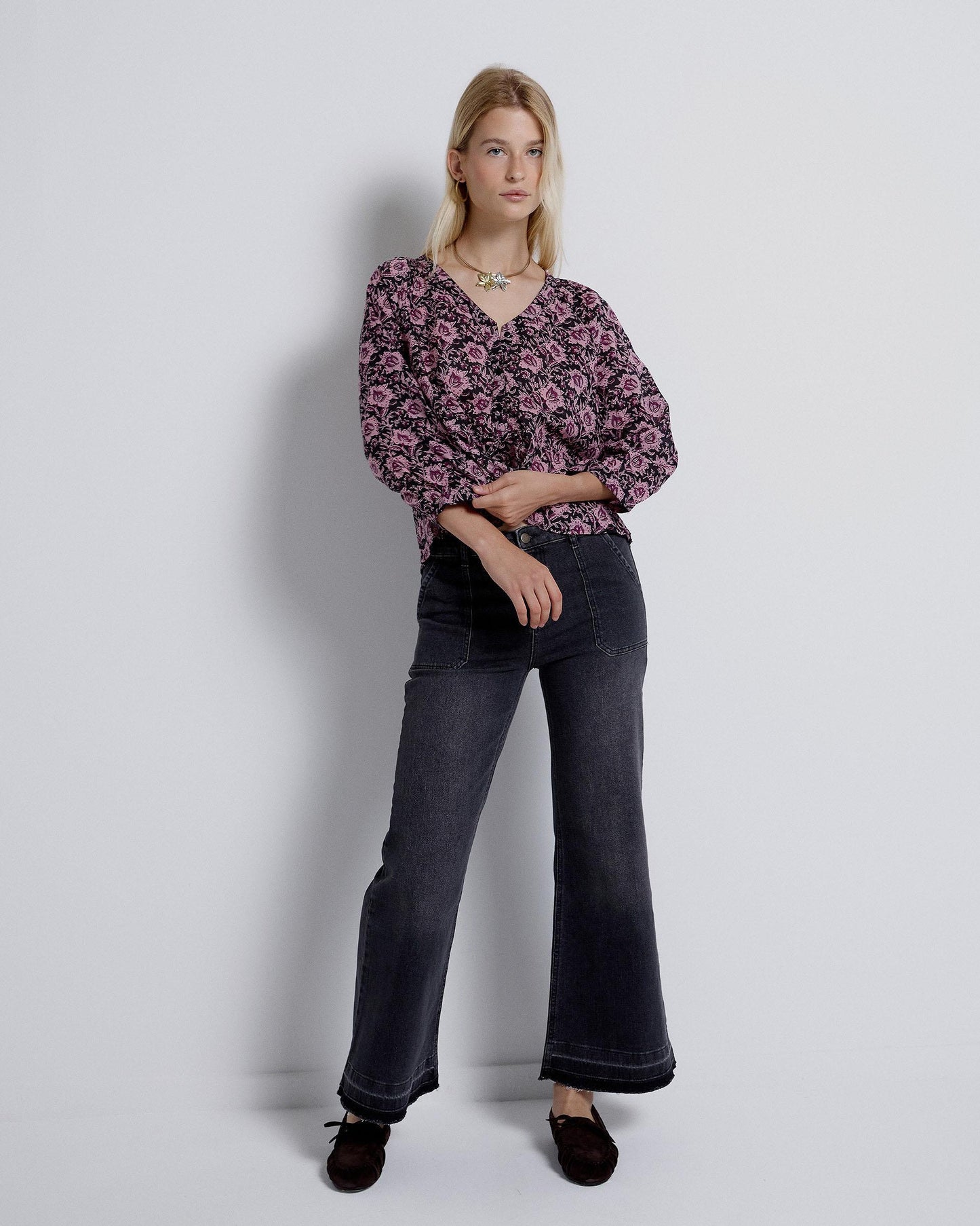 Blusa Estampado Flores Lazada Cintura Morado