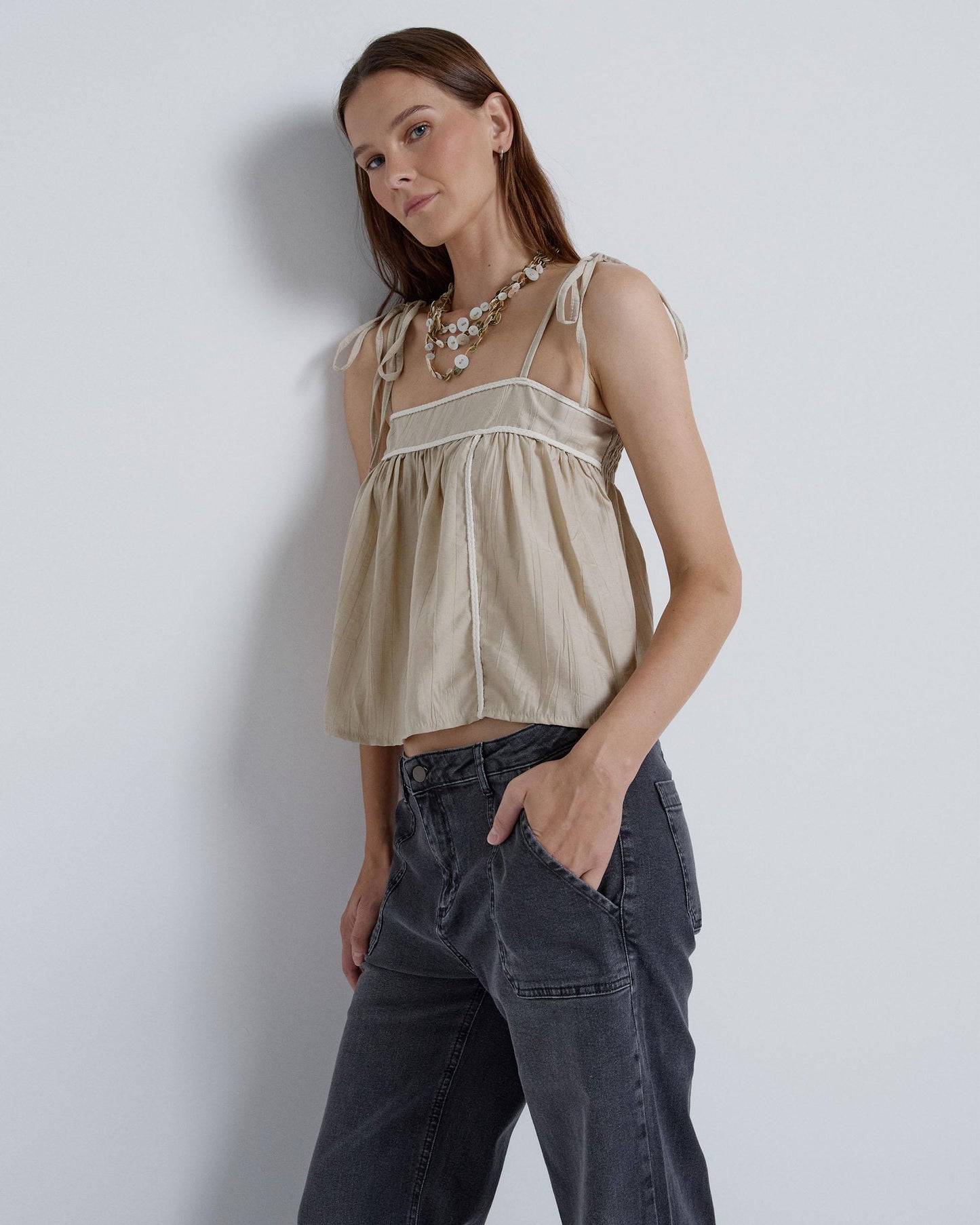 Beige Bow Yoke Top