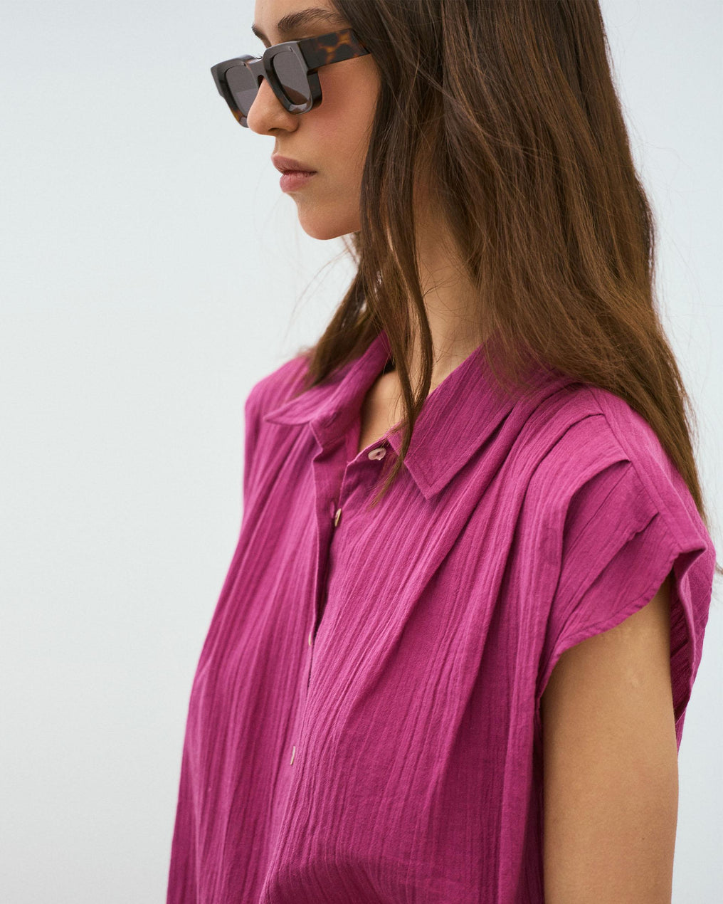 Fuchsia Pleated Sleeveless Shirt