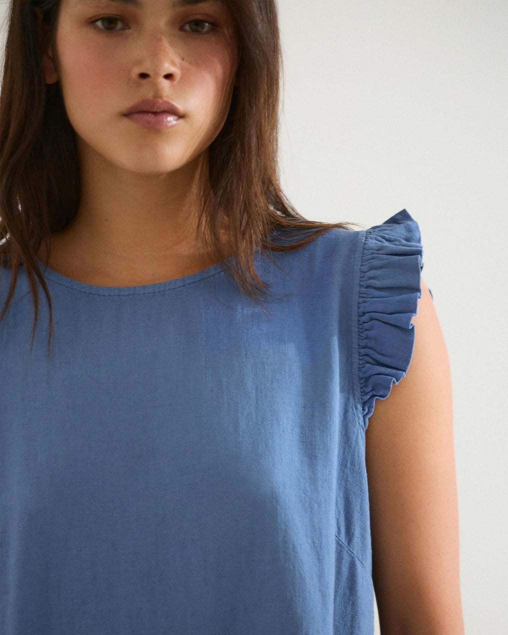 Blue Linen Back Button Top