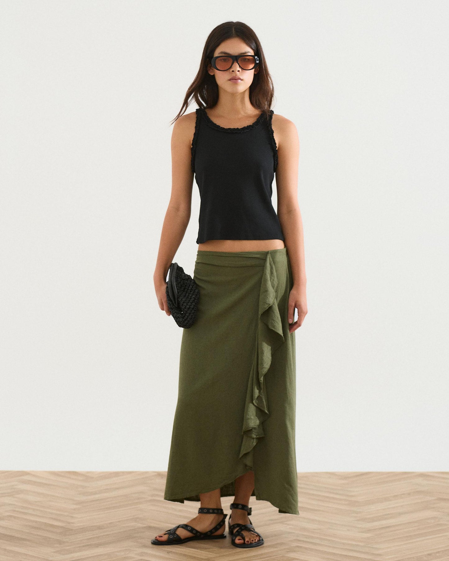 Falda Larga Volante Lateral Con Lino Verde Oscuro