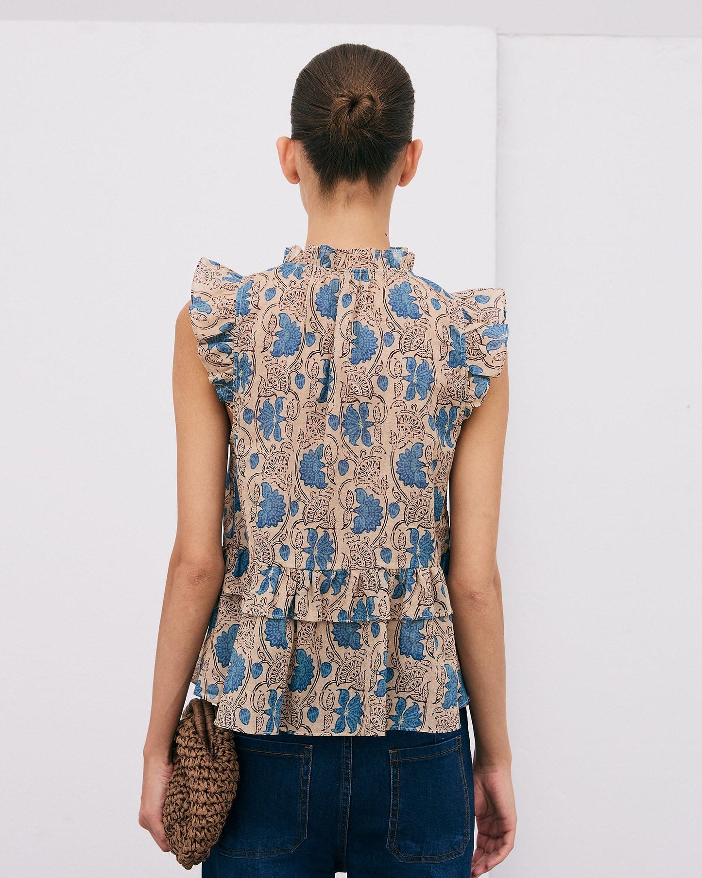 Blouse Ruffles Floral Print Beige