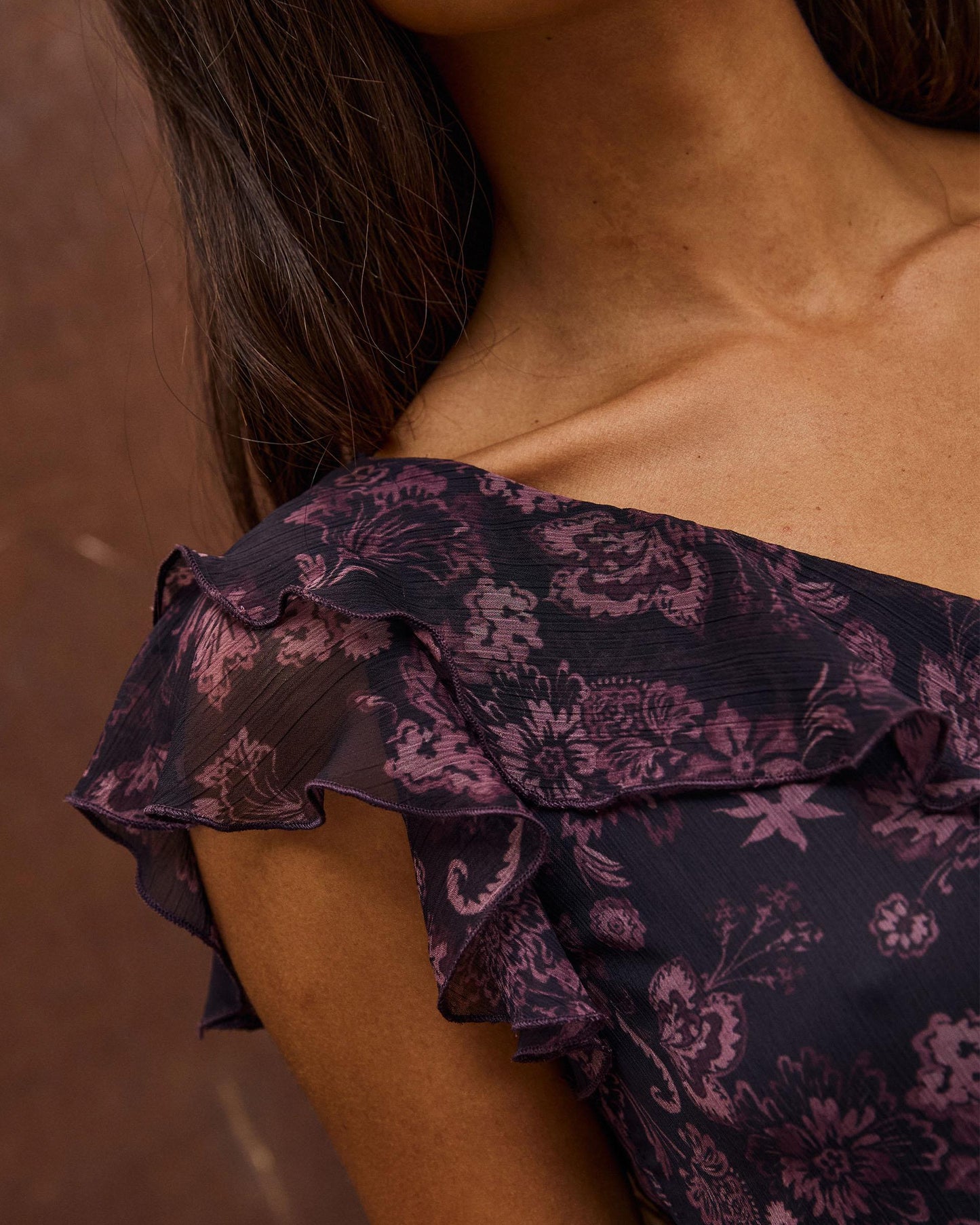 Vestido Estampado Floral Volantes Morado