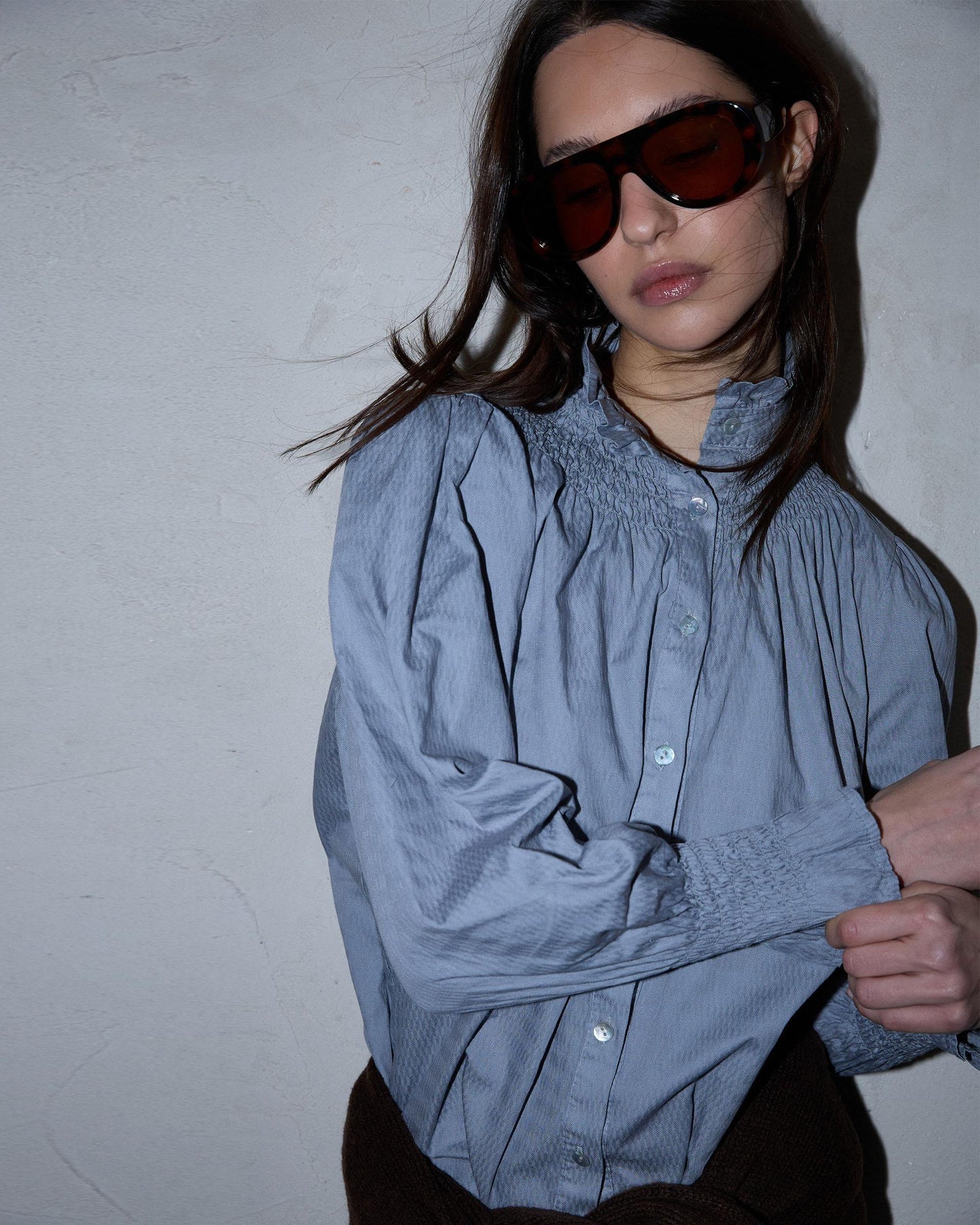 Honeycomb Blouse with Light Blue Collar