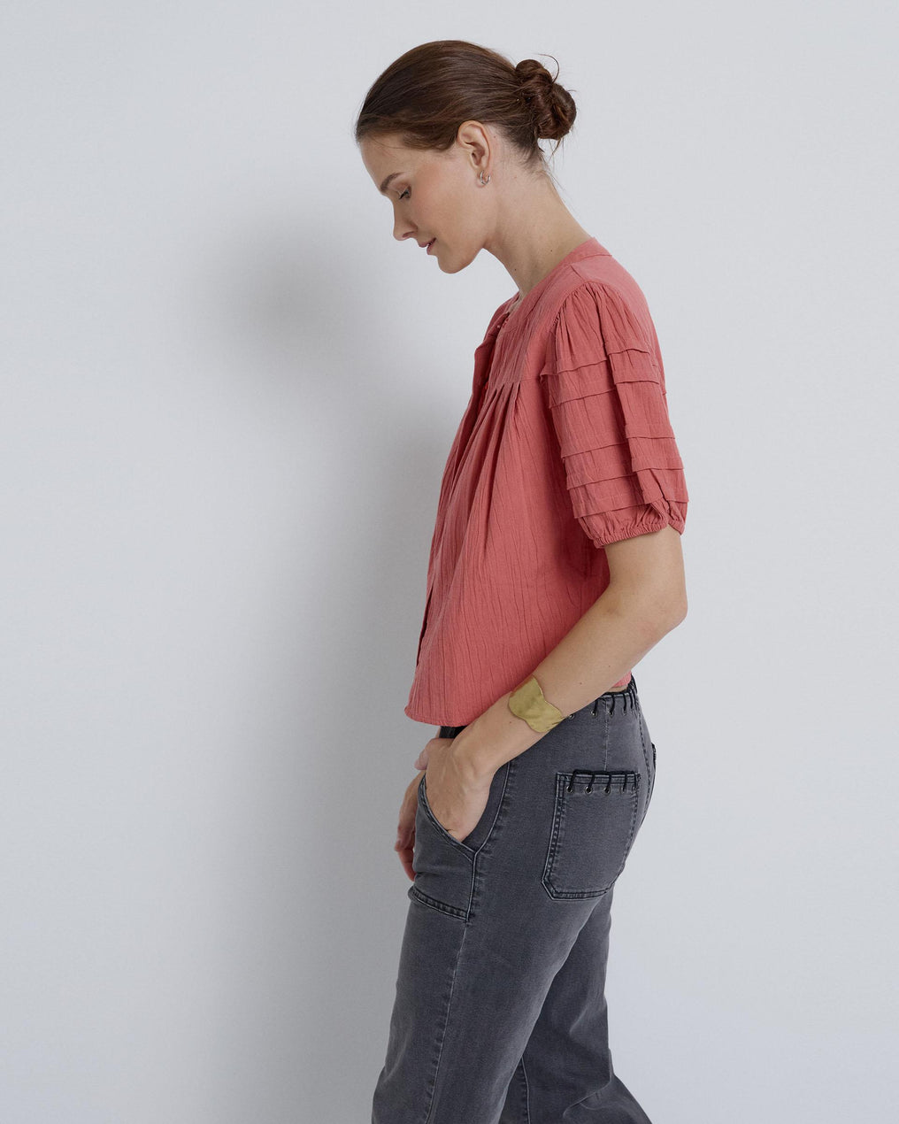 Blusa Manga Corta Manga Abullonada Coral