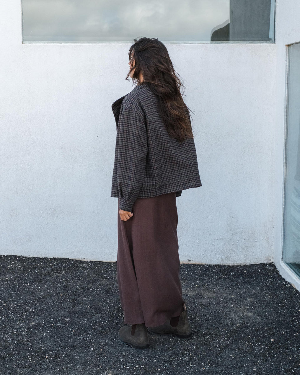 Casaco xadrez trespassado de lã cáqui