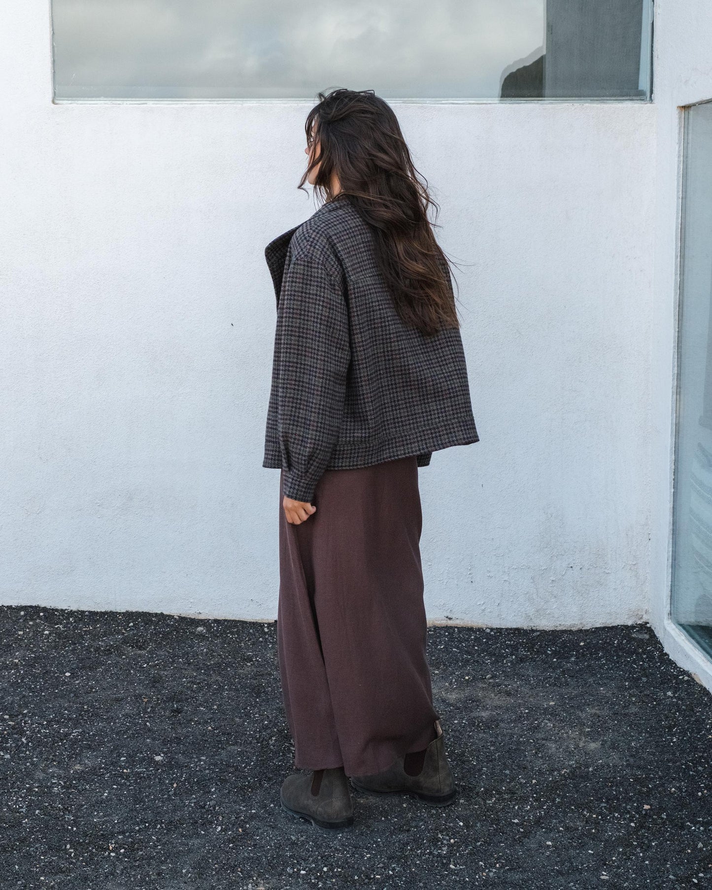 Casaco xadrez trespassado de lã cáqui