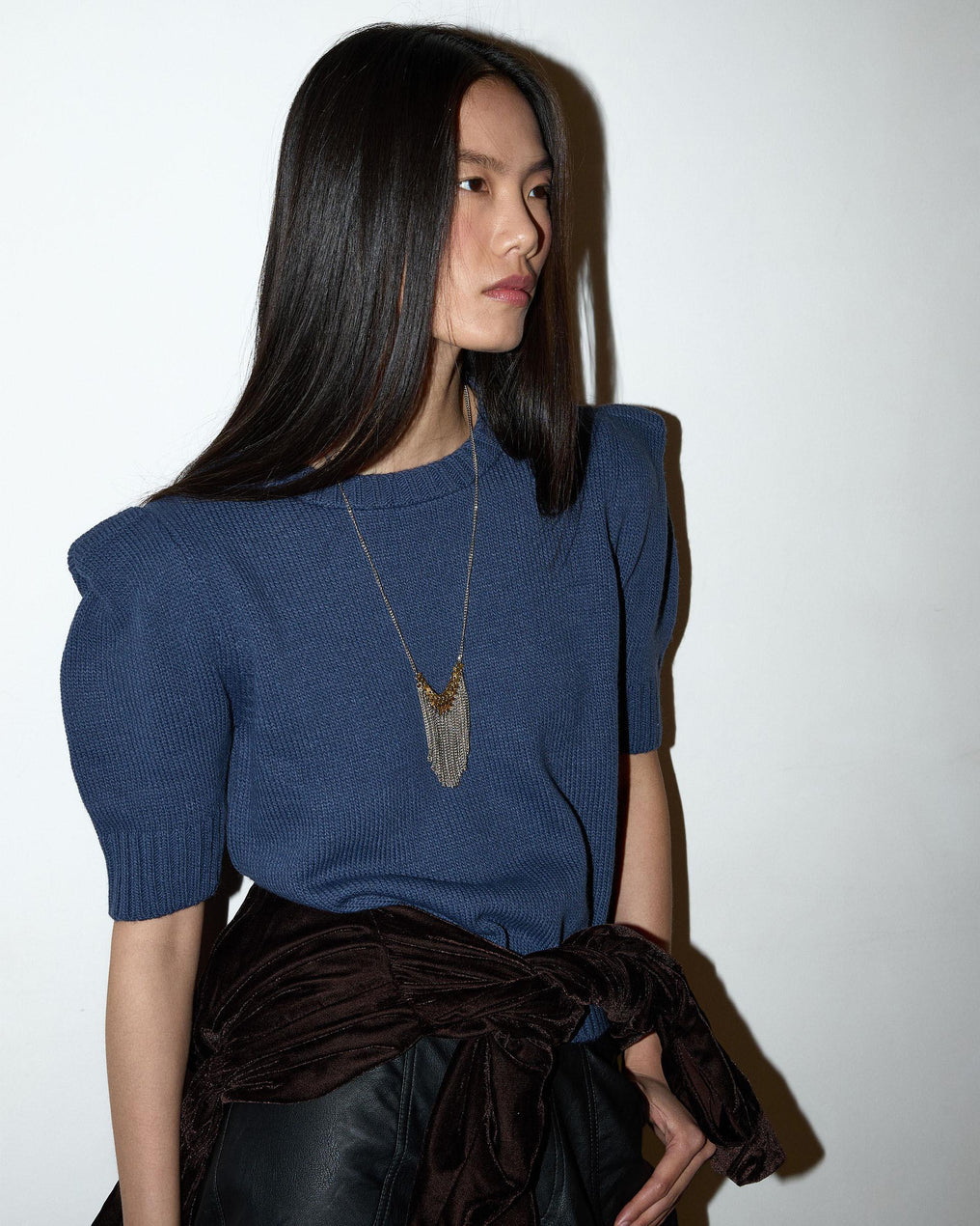 Dark Blue Knit Top with Shoulder Pads