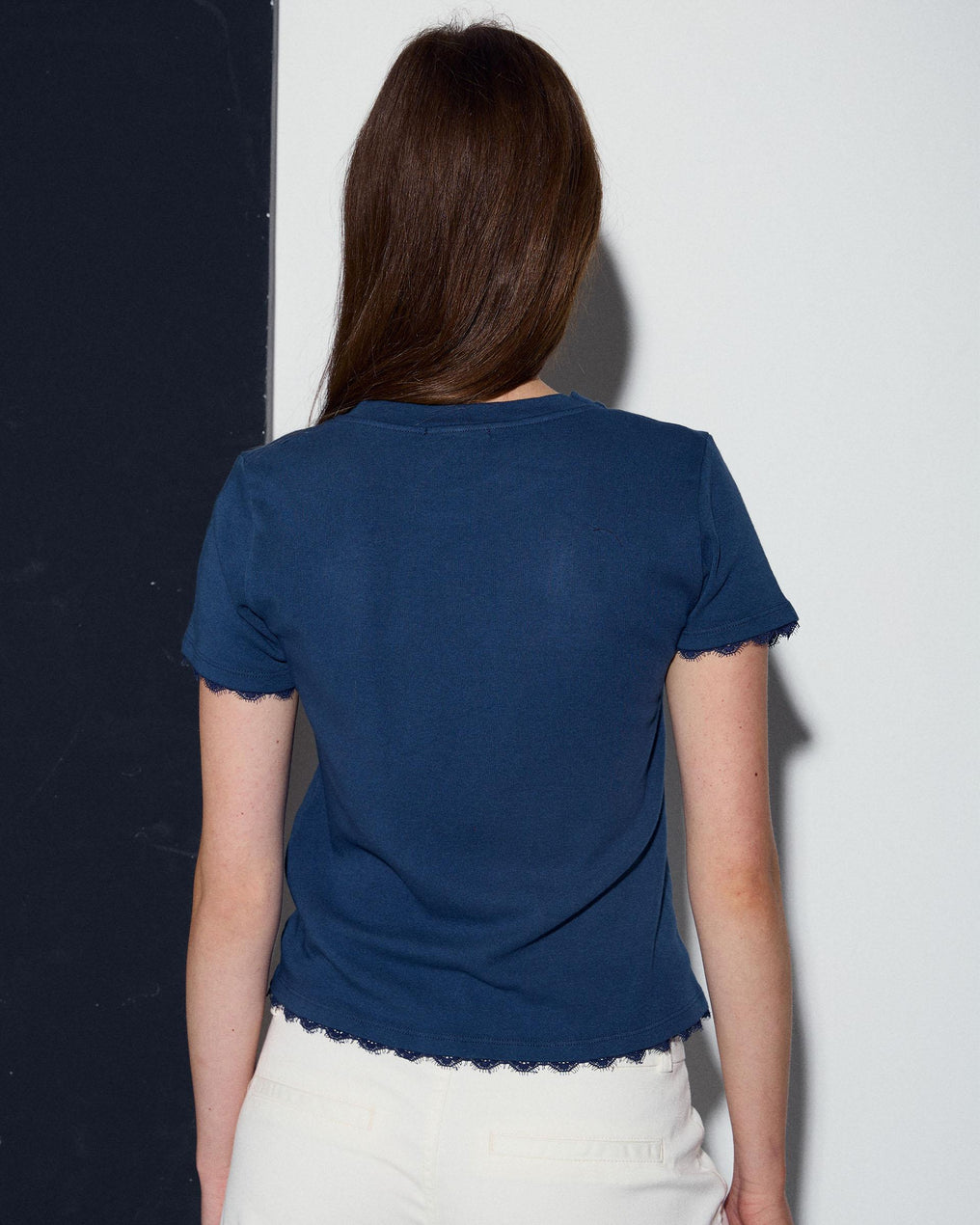 Camiseta Manga Corta Puntillas Azul