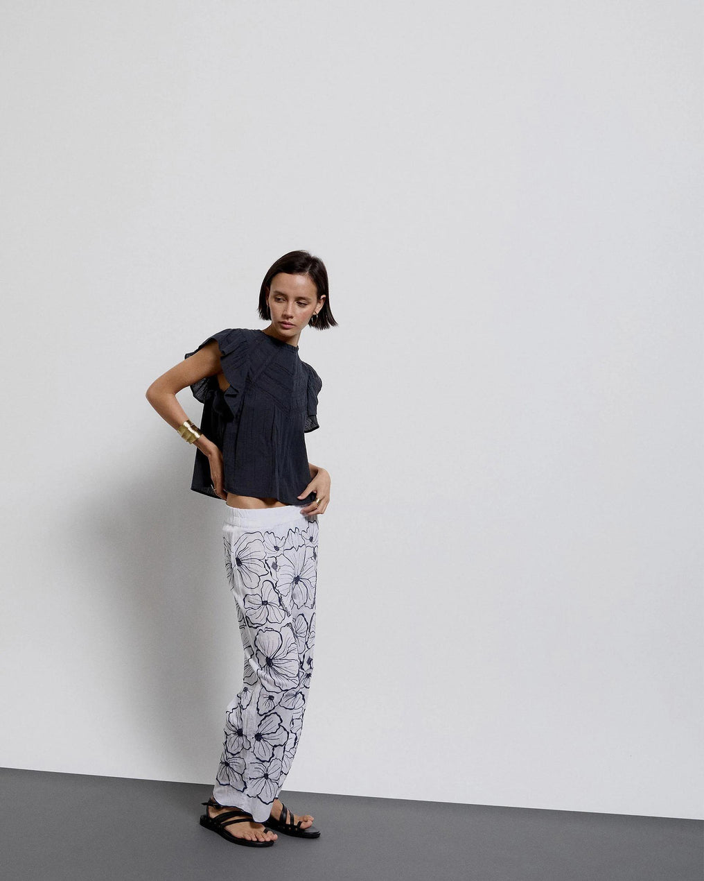 Blouse Short Sleeve Ruffles Lace Anthracite