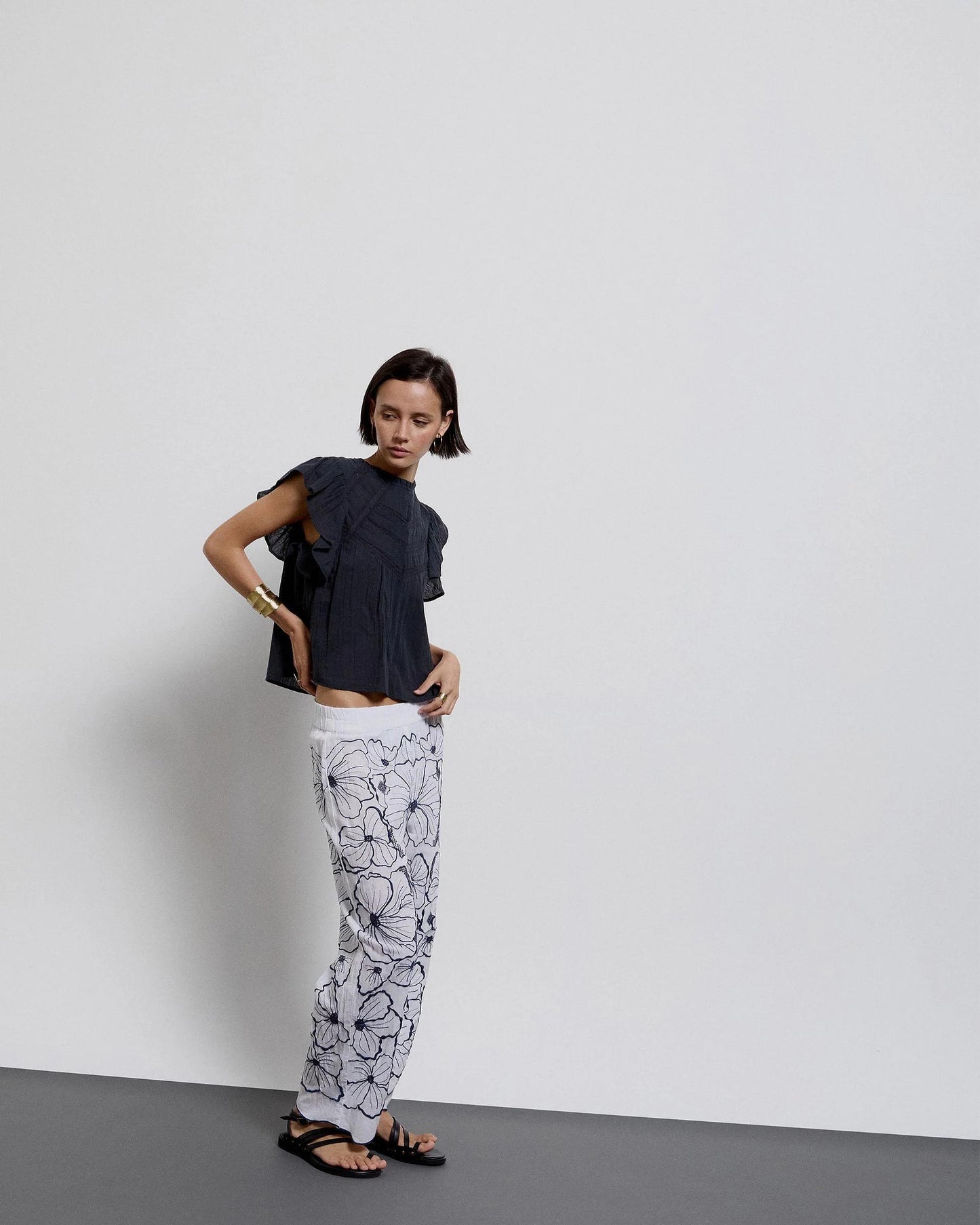 Blouse Short Sleeve Ruffles Lace Anthracite