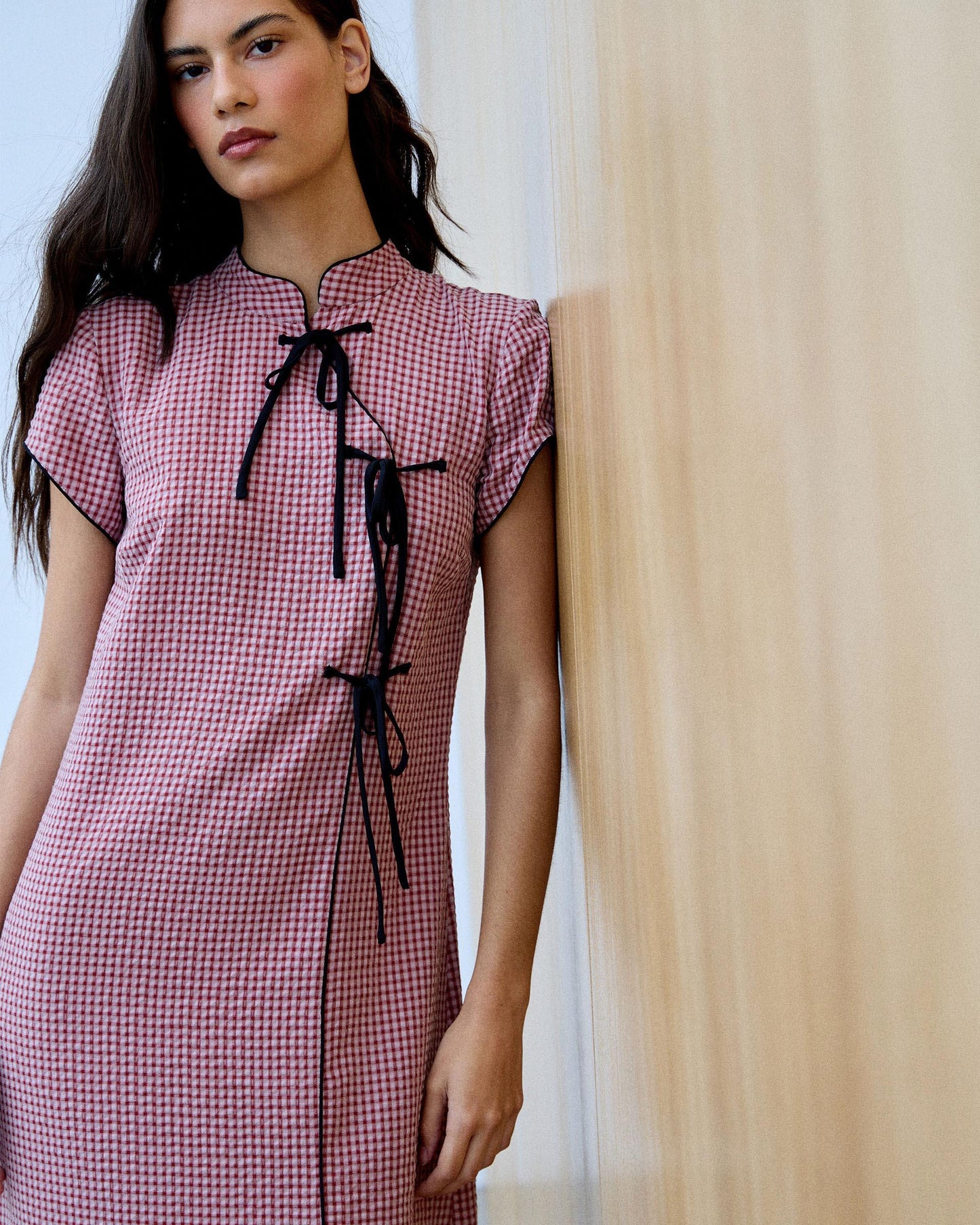 Robe Lacets Contrastant Carreaux Rose