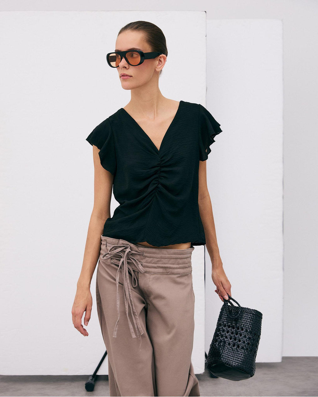 Black Gathered Short Sleeve Blouse