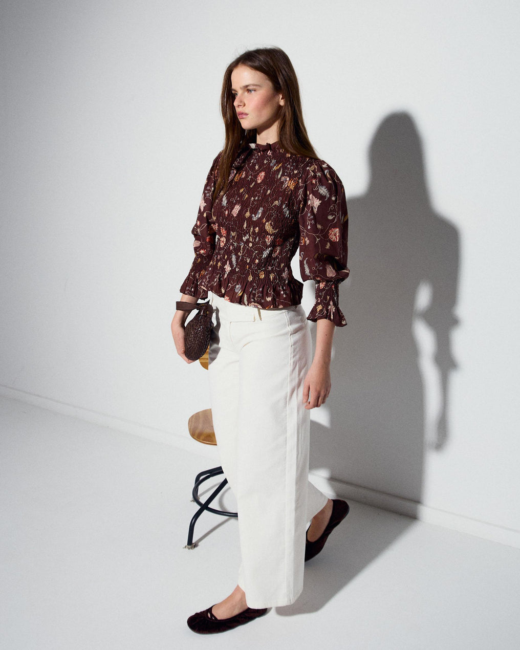Brown Floral Print Honeycomb Blouse