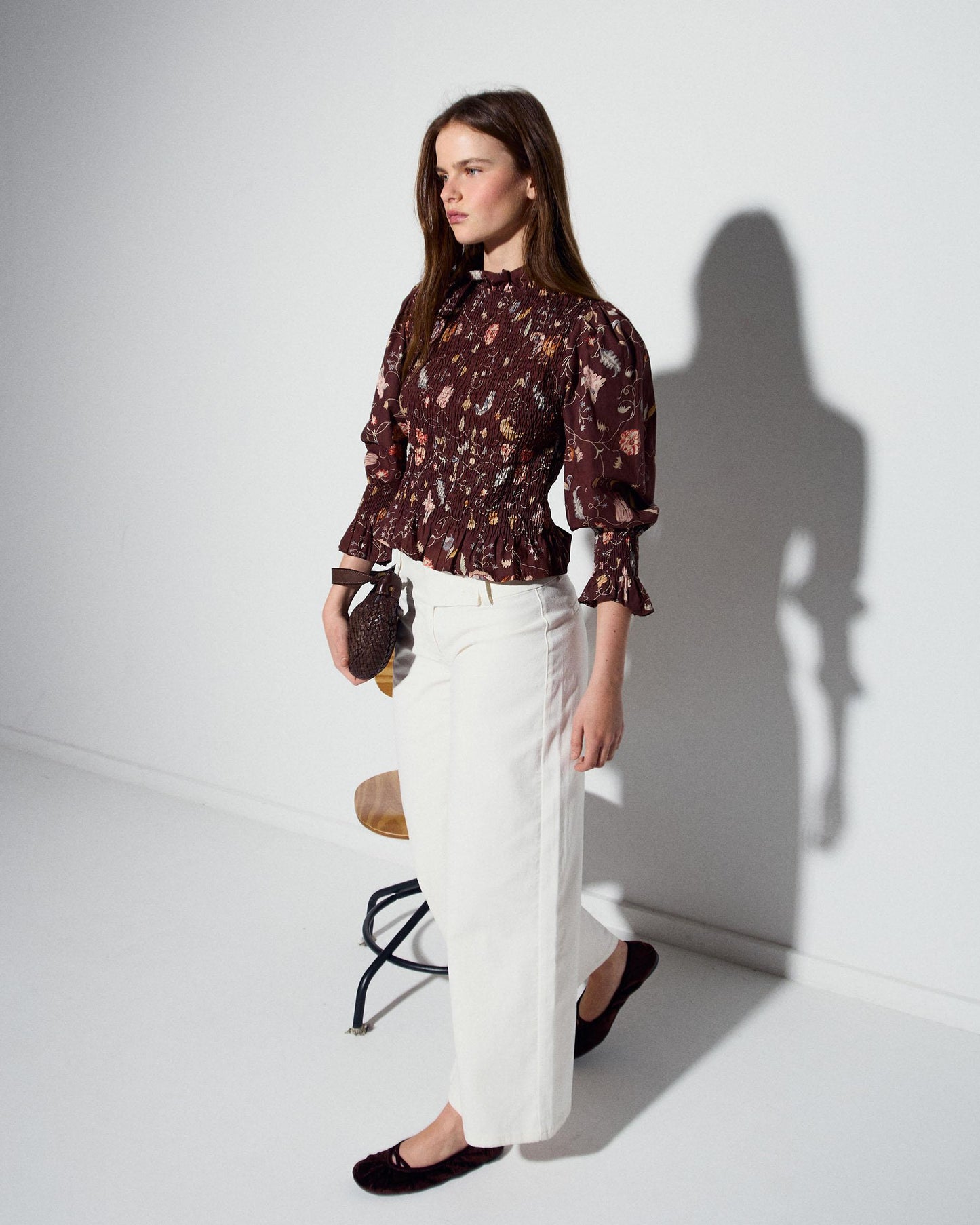 Brown Floral Print Honeycomb Blouse