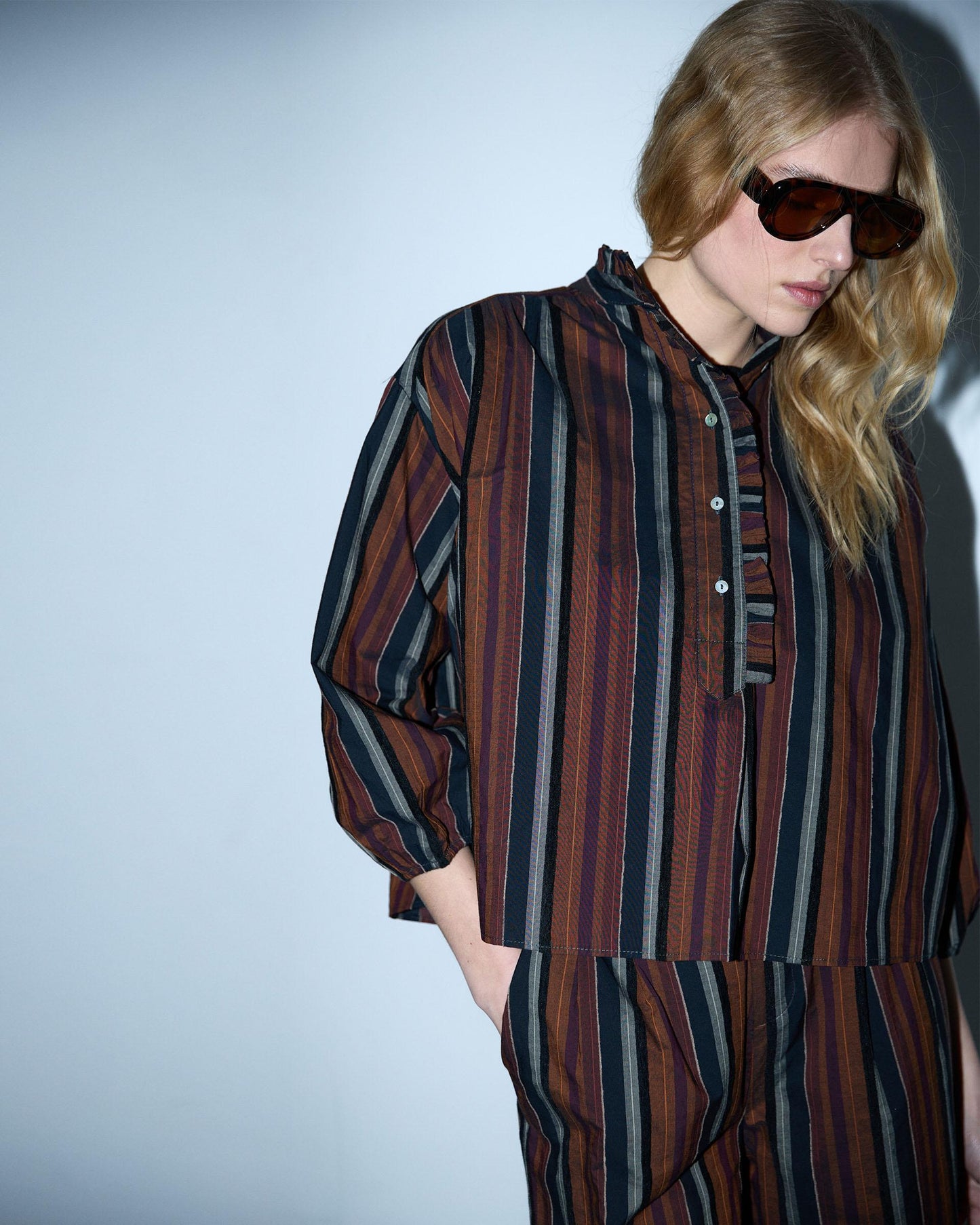 Blusa Rayas Detalle Terciopelo Teja