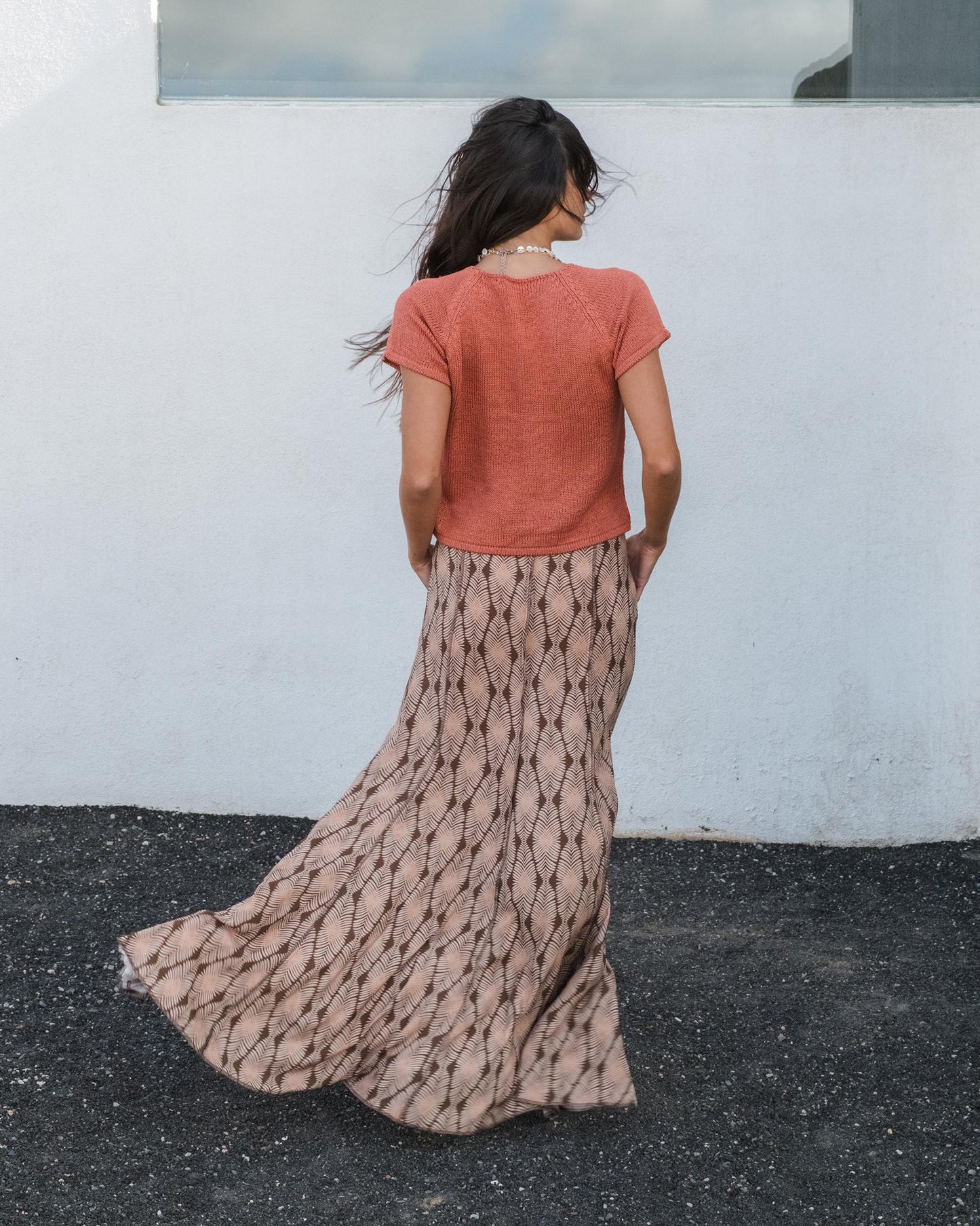 Long Skirt with Brown Leaf Print