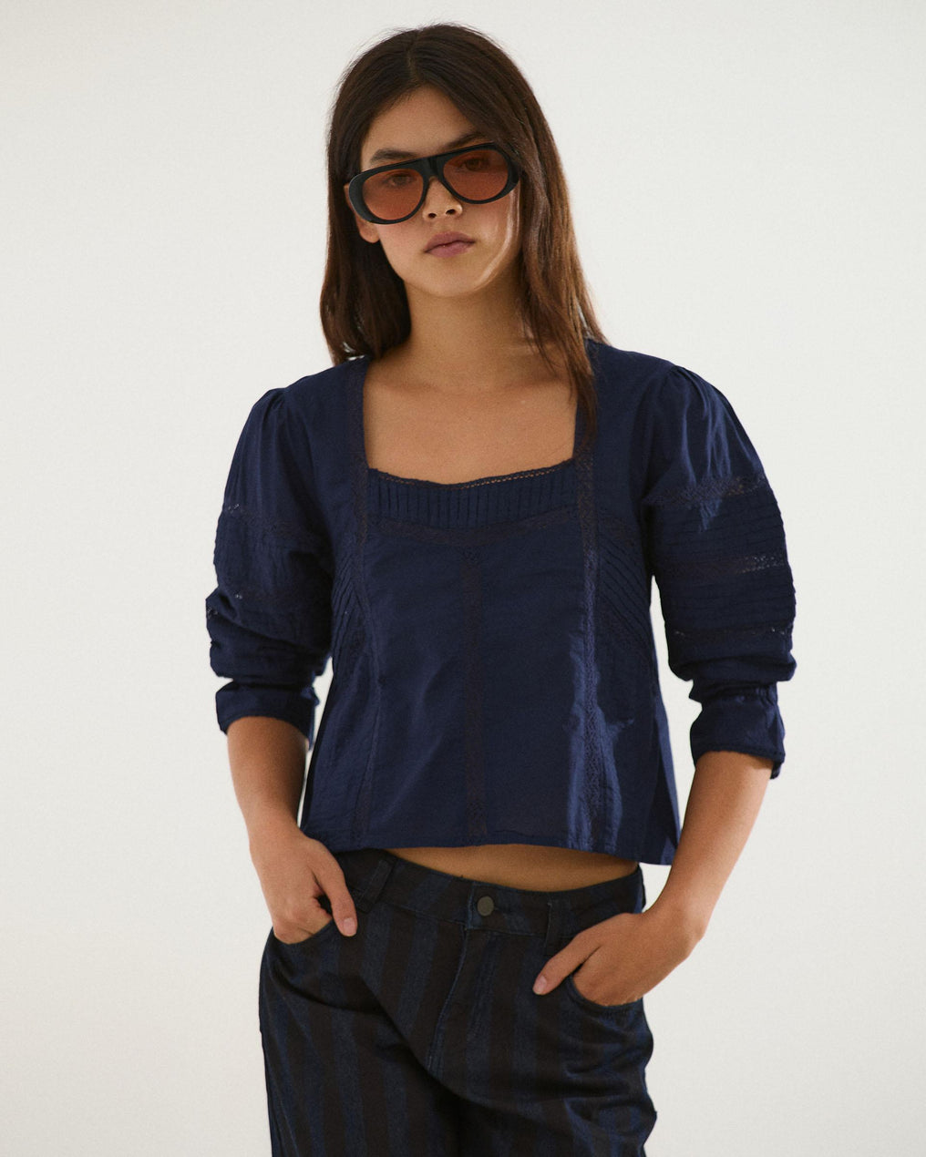 Navy Blue Square Neck Lace Blouse