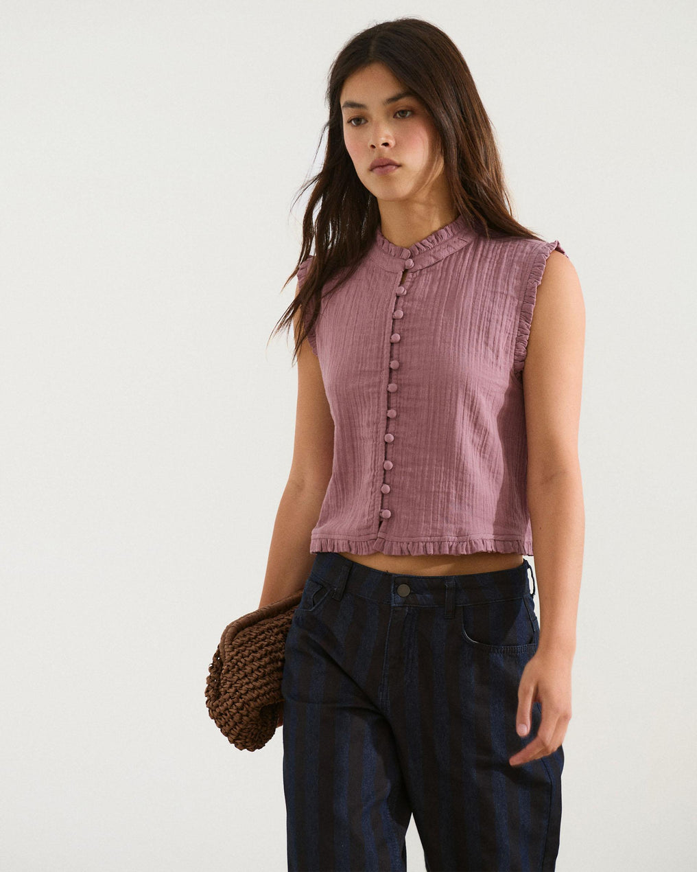 Top Botones Forrados Volante Rosa