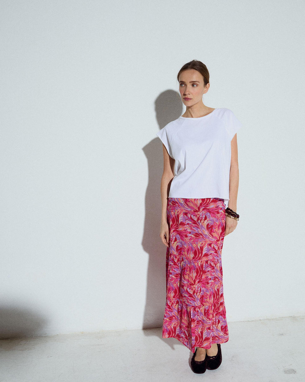 Falda Fluida Estampado Floral Fucsia