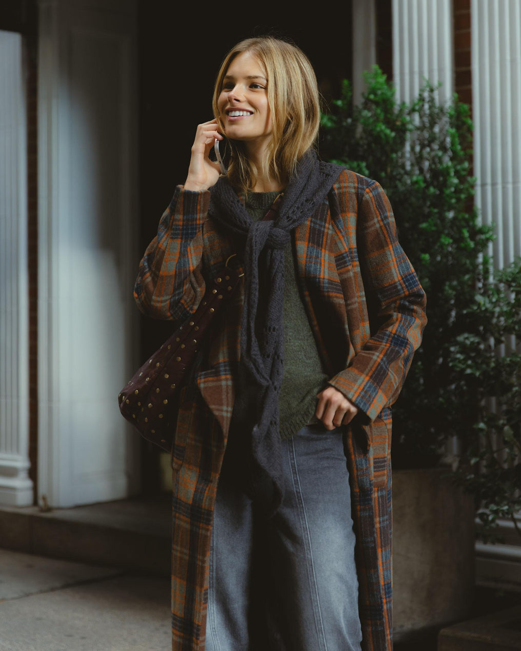 Long Coat with Lapel, Checkered Beige