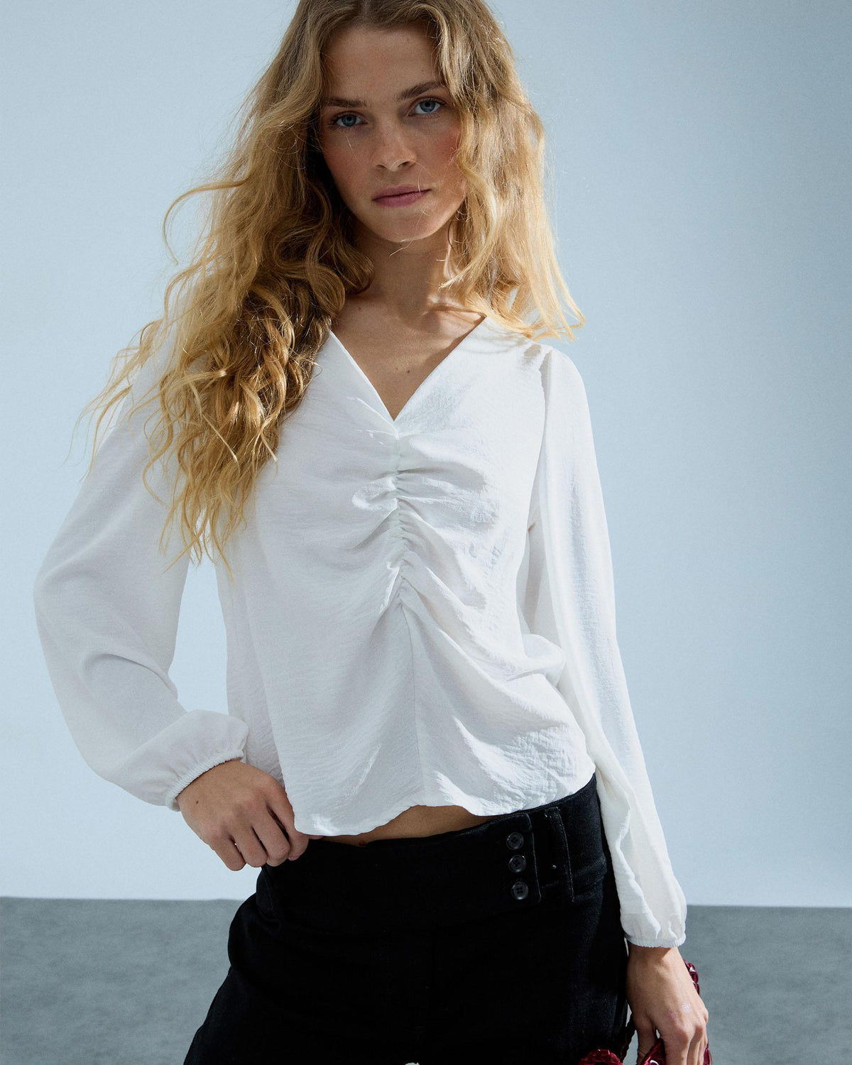 Blusa Manga Larga Frunce Blanca