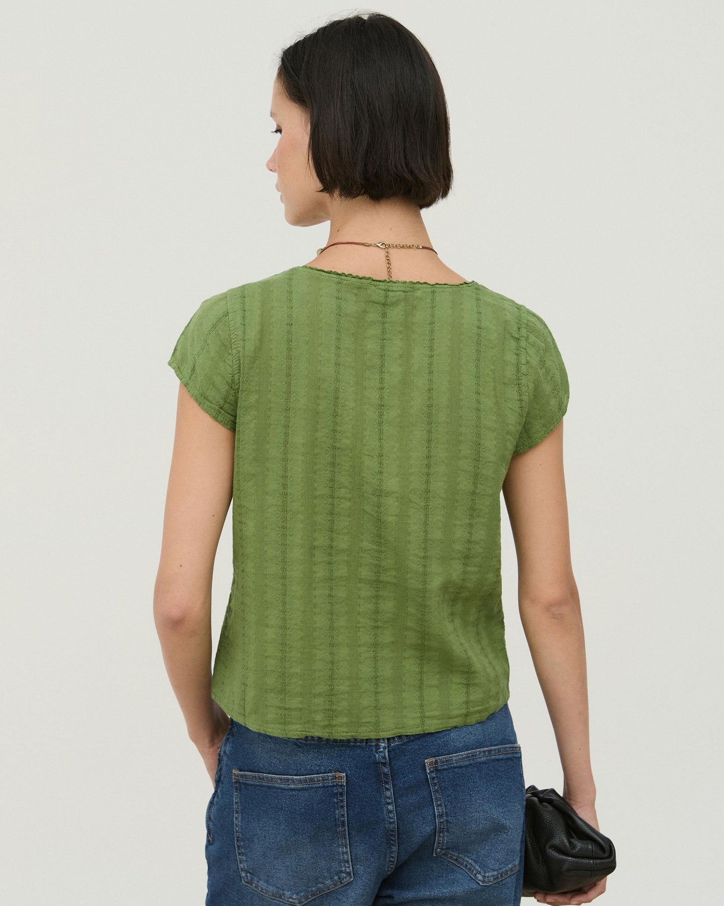 Blusa Tejido Rustico Bordados Florales Verde
