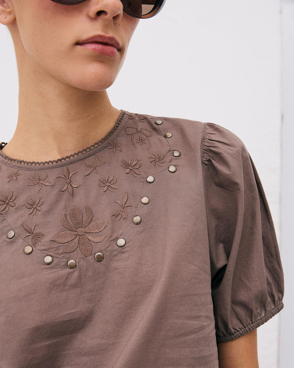 Embroidered Studded Brown Blouse