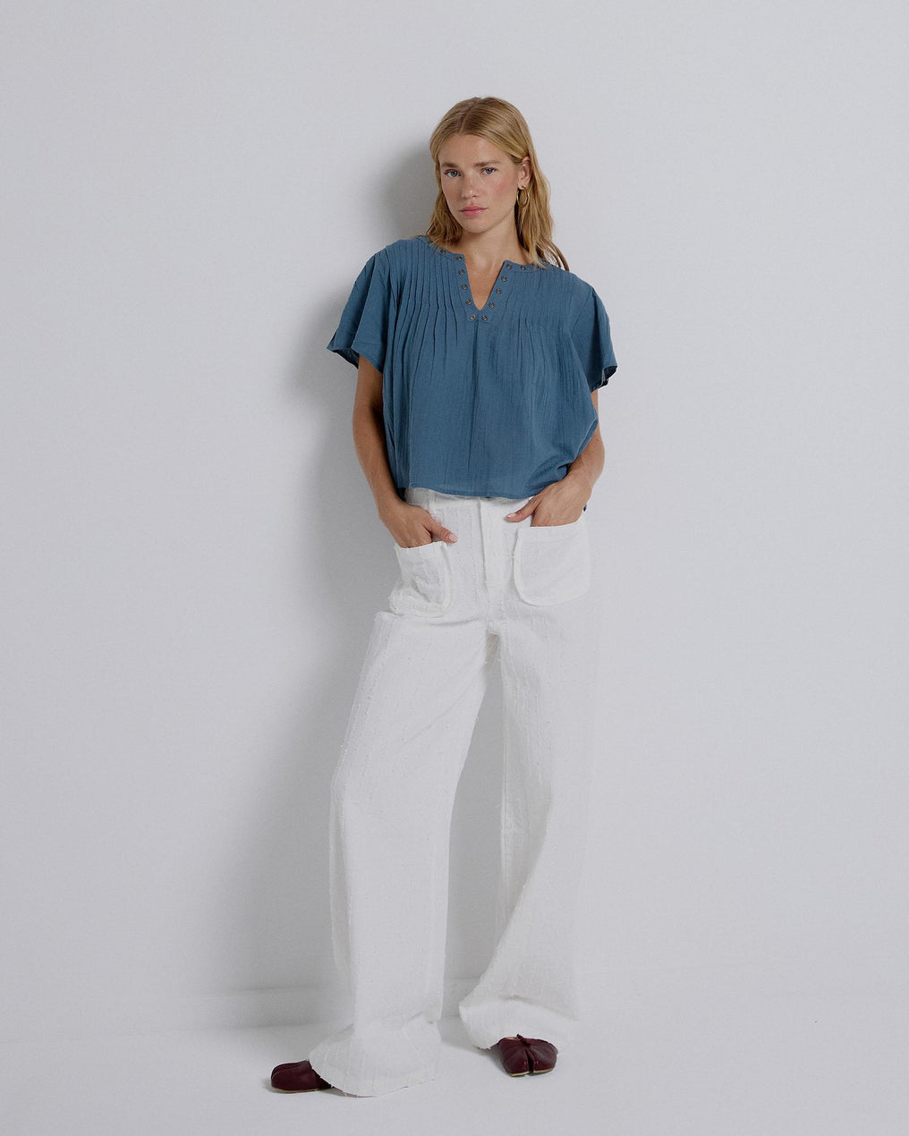 White Striped Trousers with Patch Pockets