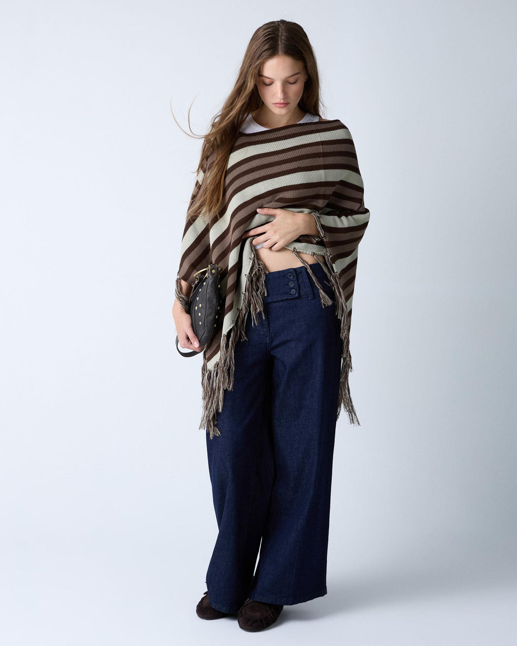 Poncho Rayas Flecos Marrón