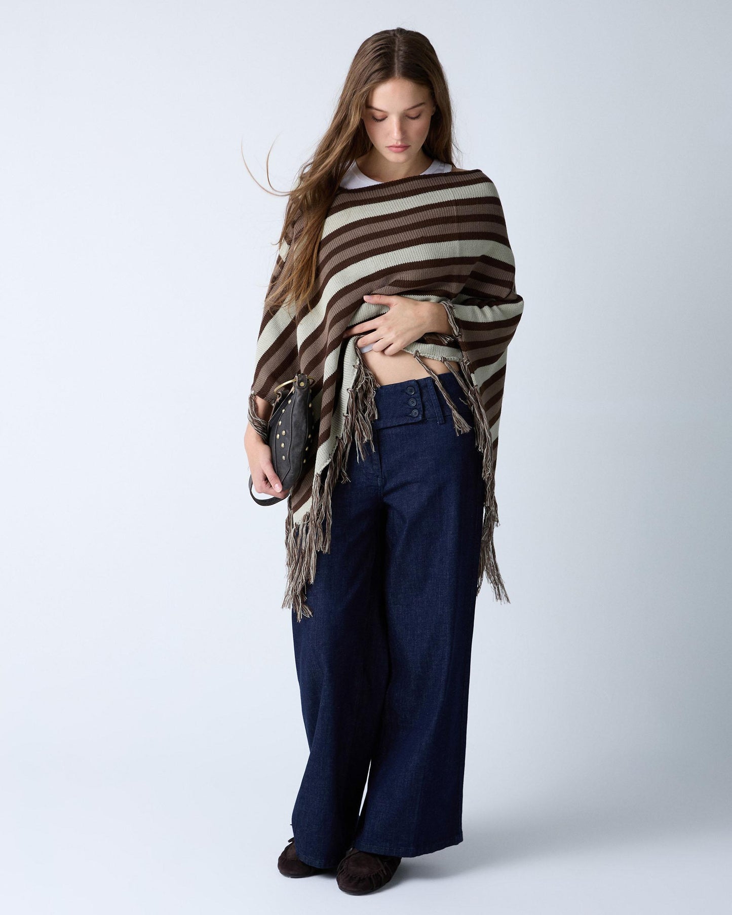 Poncho Rayas Flecos Marrón