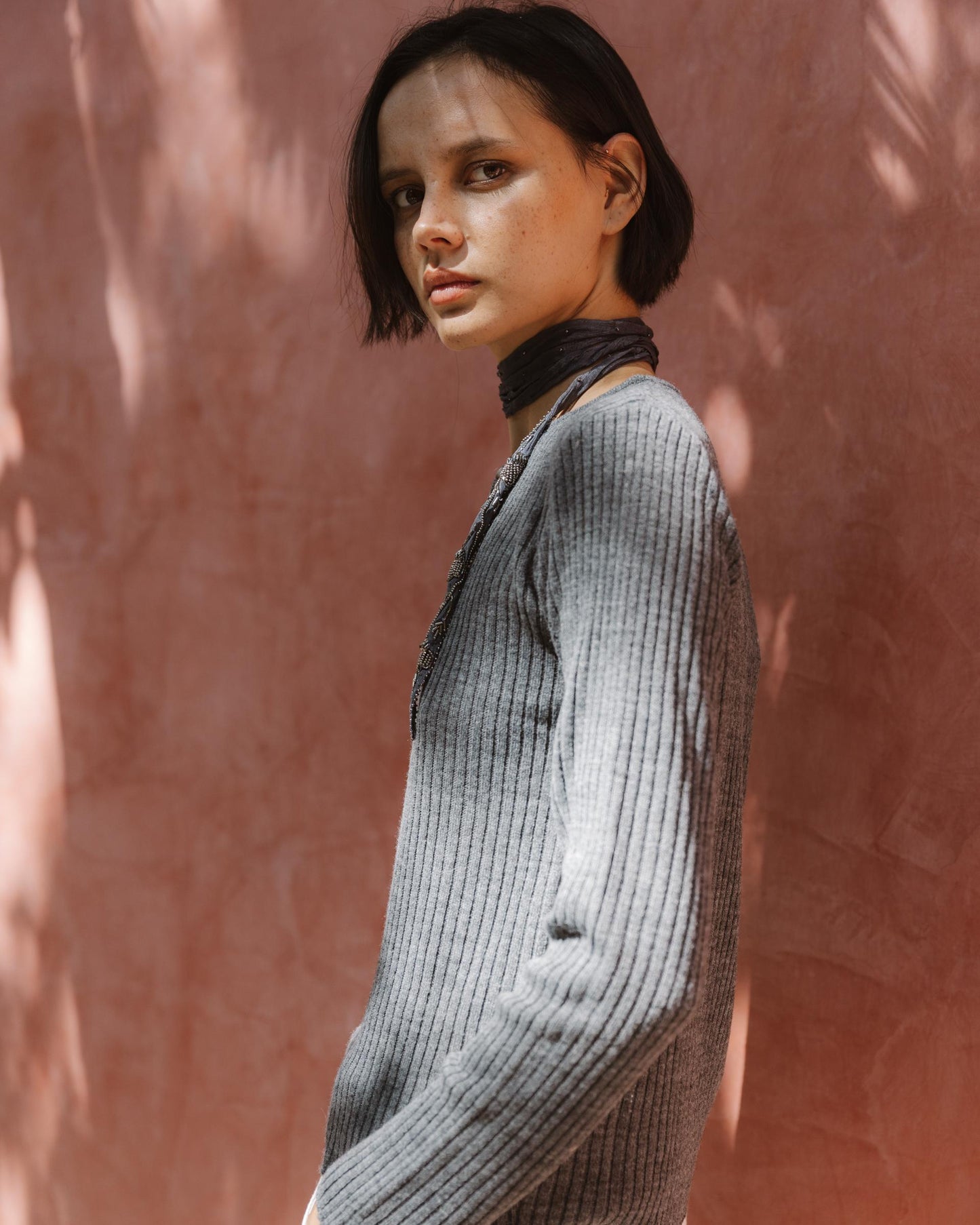 Grey Teardrop Neck Knit Top