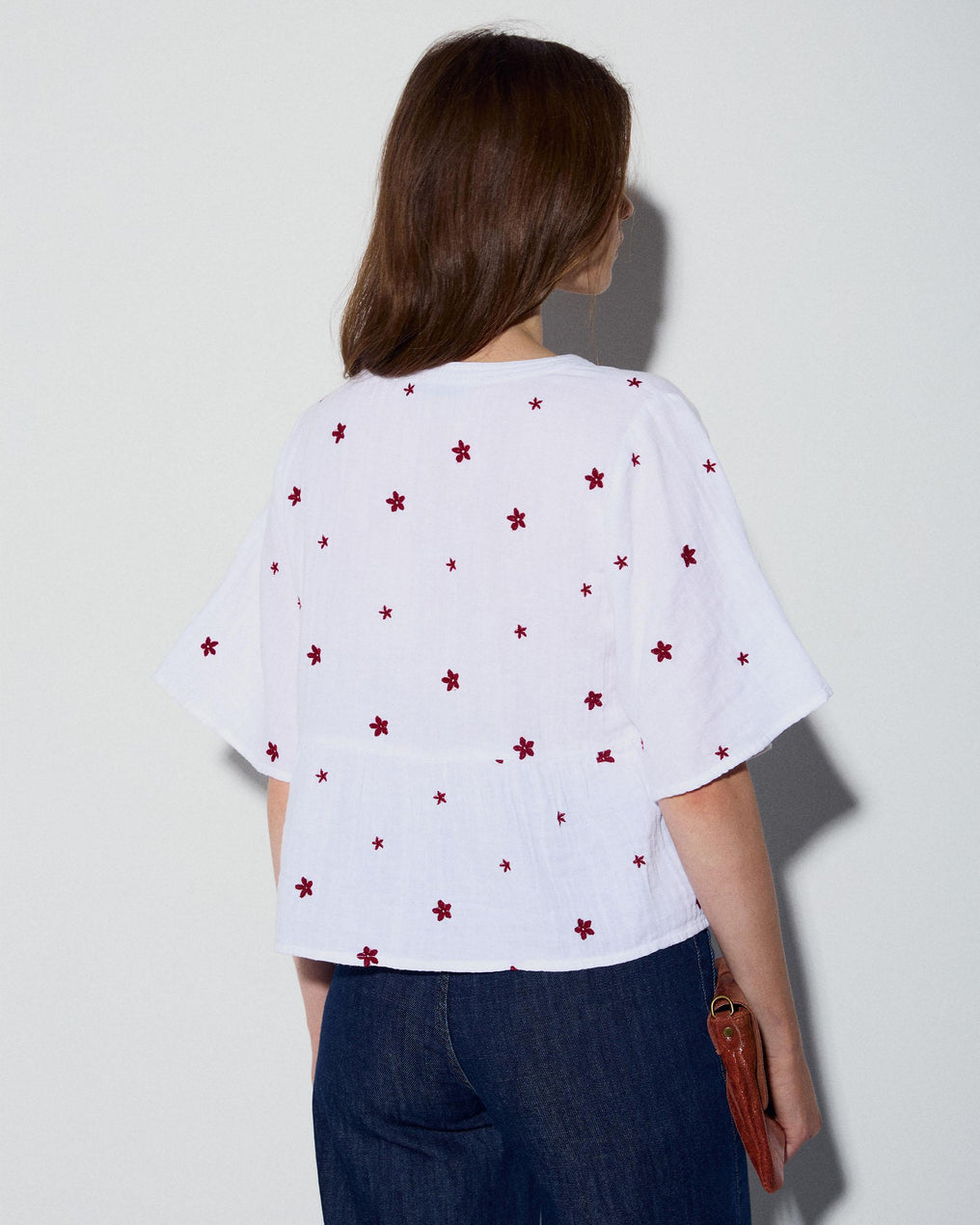 Blouse Décolleté en V Broderies Floraux Blanc