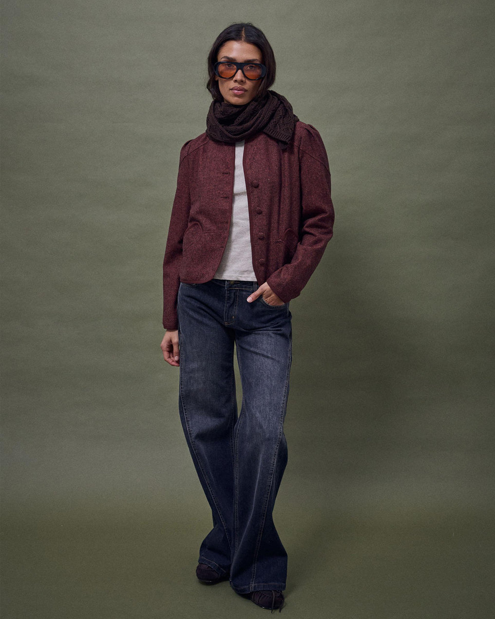 Chaqueta Ribete Contraste Mezcla Lana Teja
