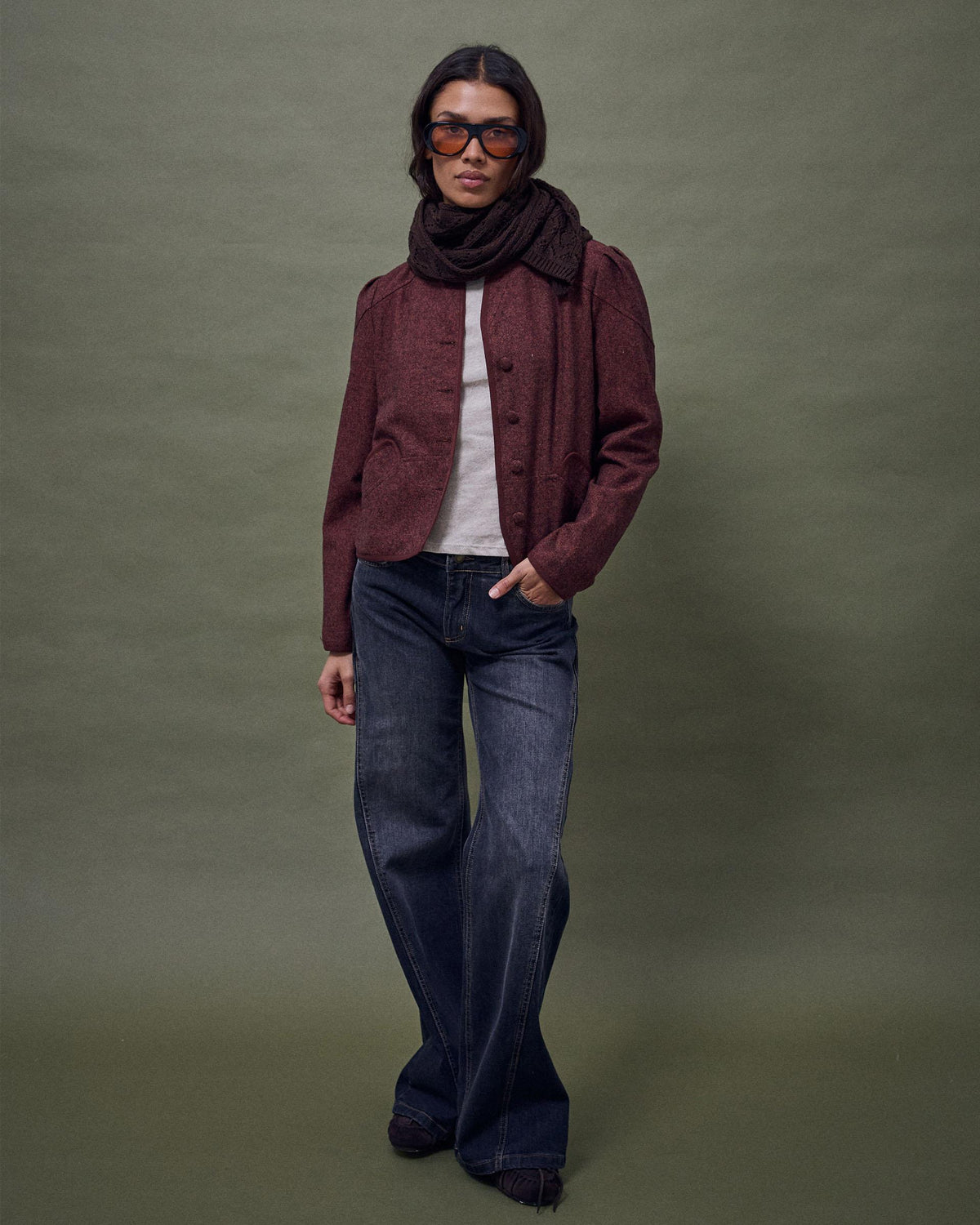 Chaqueta Ribete Contraste Mezcla Lana Teja