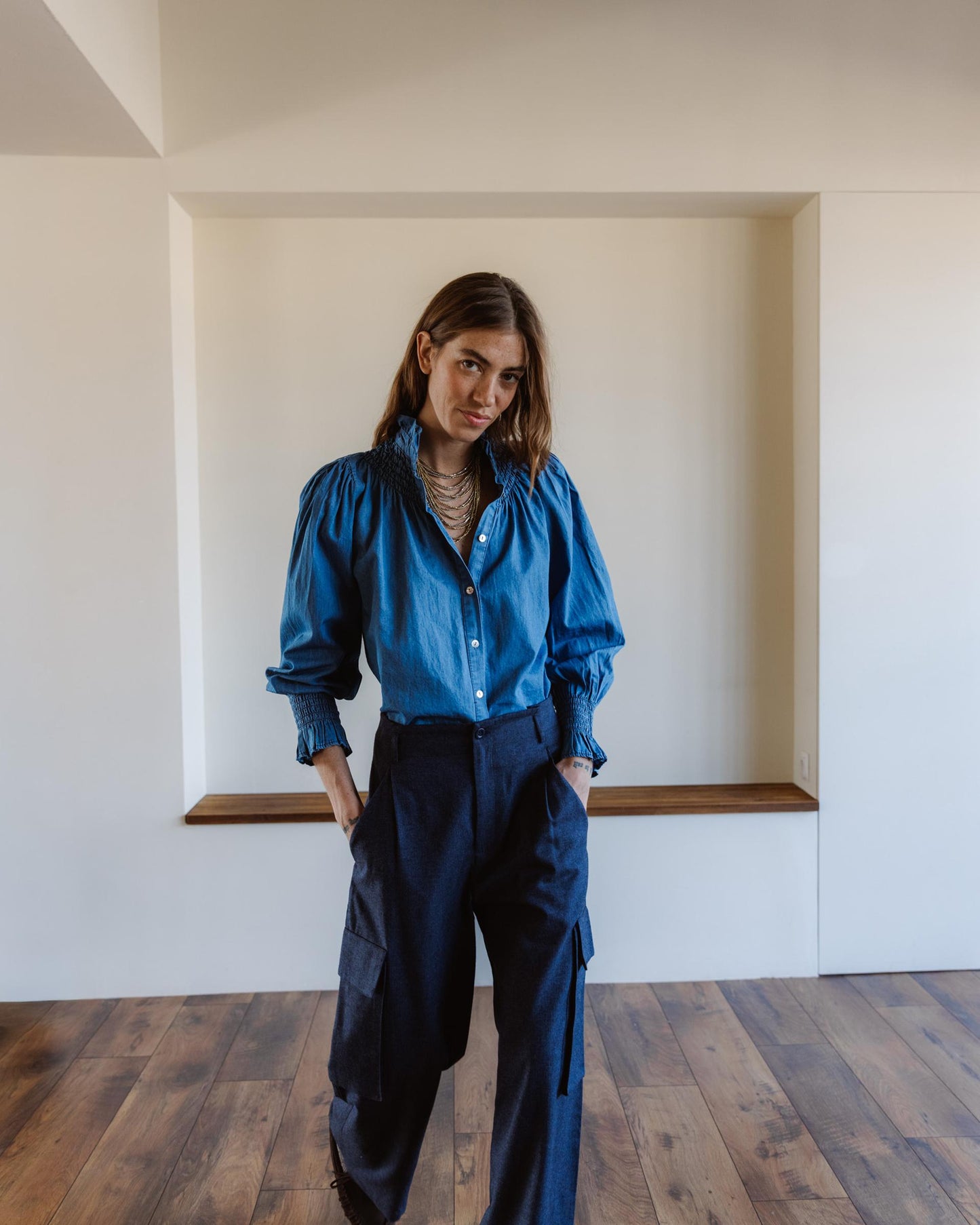 Navy Blue Cargo Trousers with Pleats and Pockets