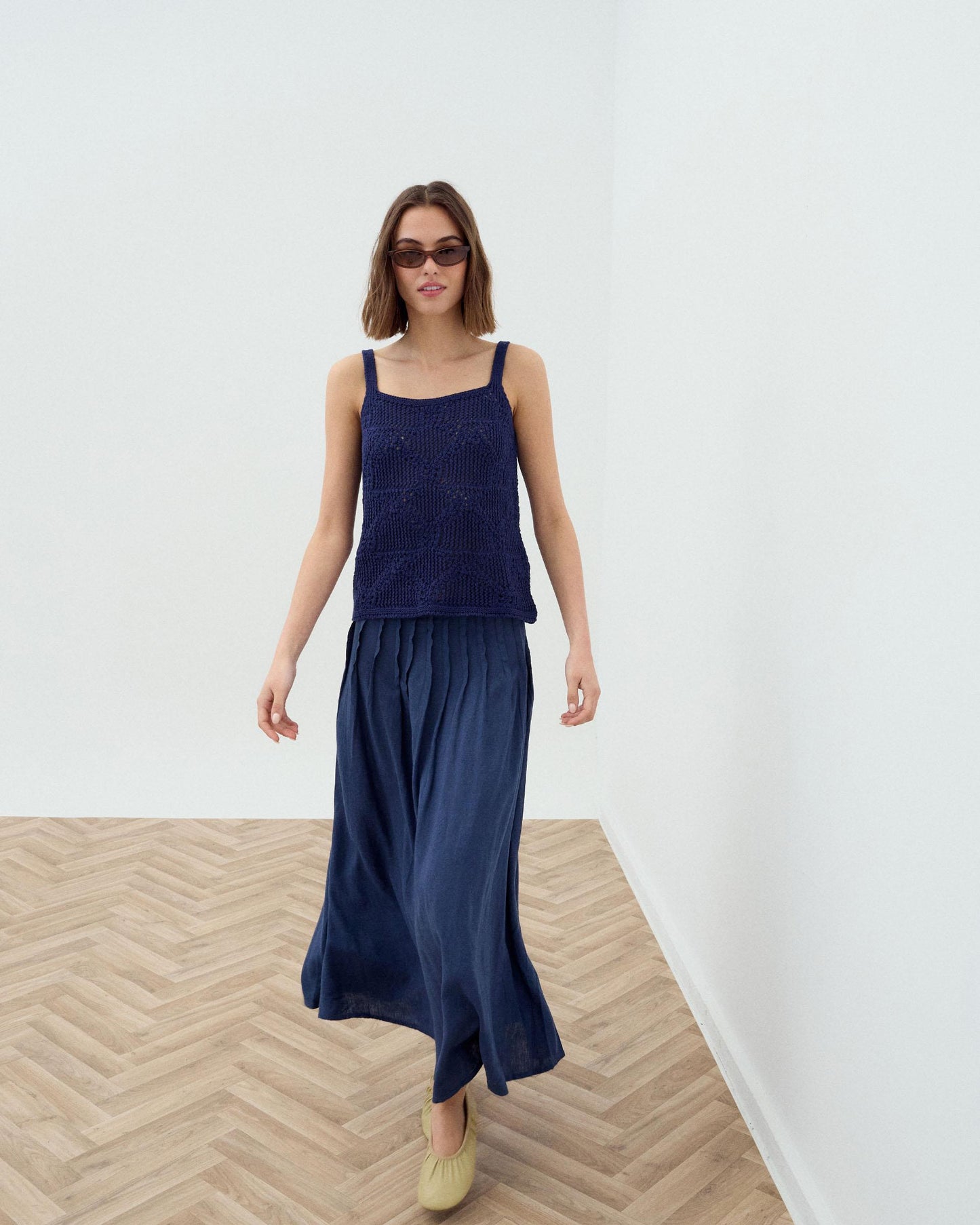 Navy Blue Linen Long Skirt with Pintucks