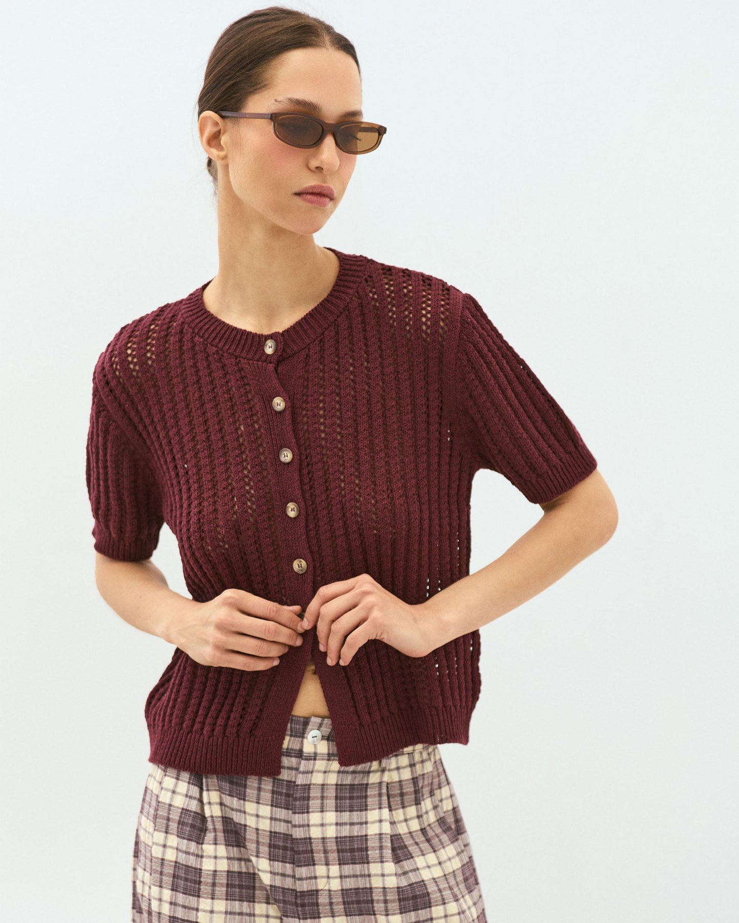 Burgundy Openwork Short Sleeve Top