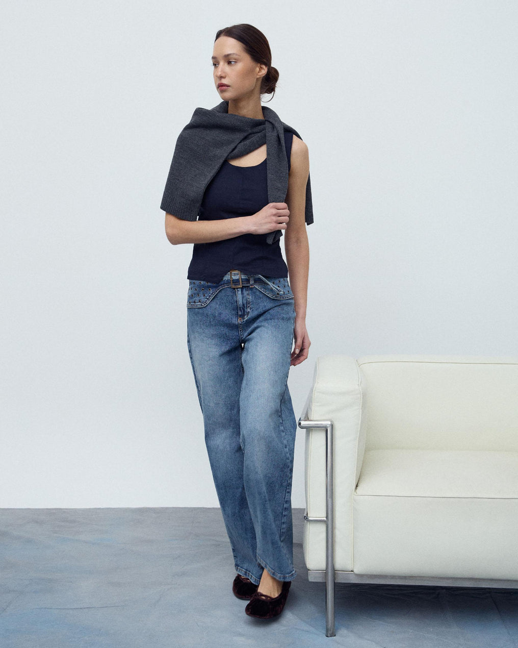 Jeans Cinturón Arandelas Azul