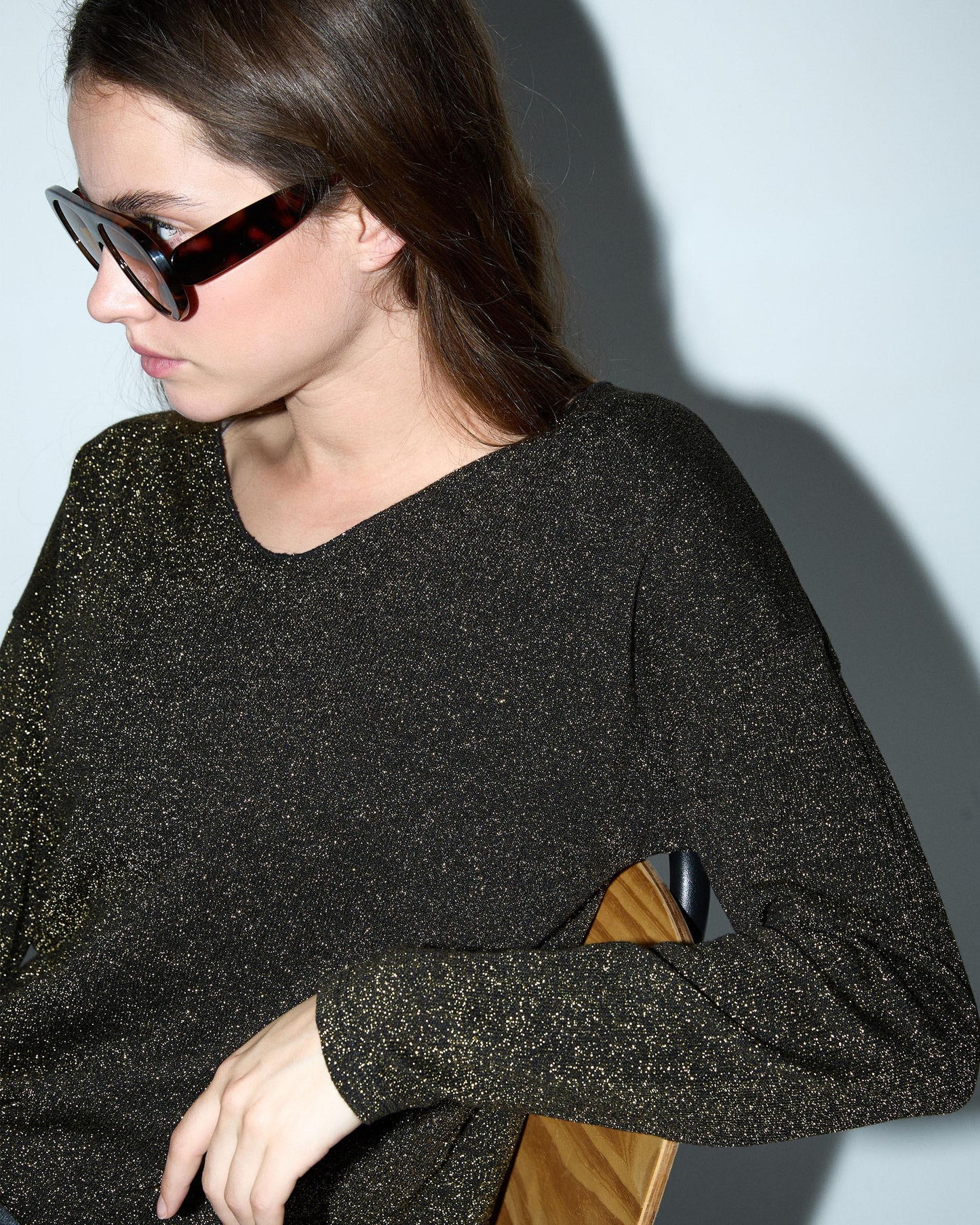 T-shirt preta de manga comprida com lurex