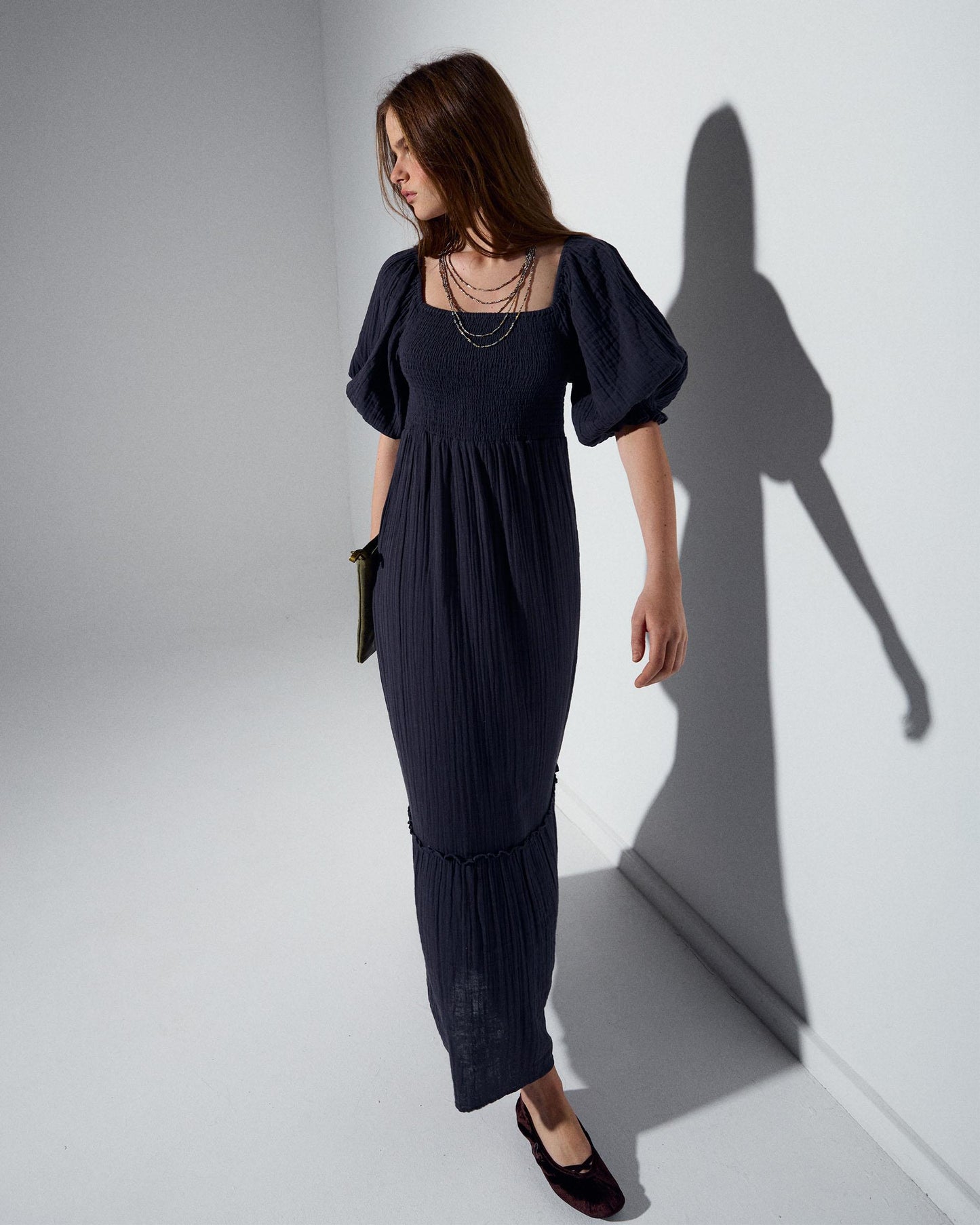 Vestido de Ninho de Abelha com Manga Abulonada Antracite