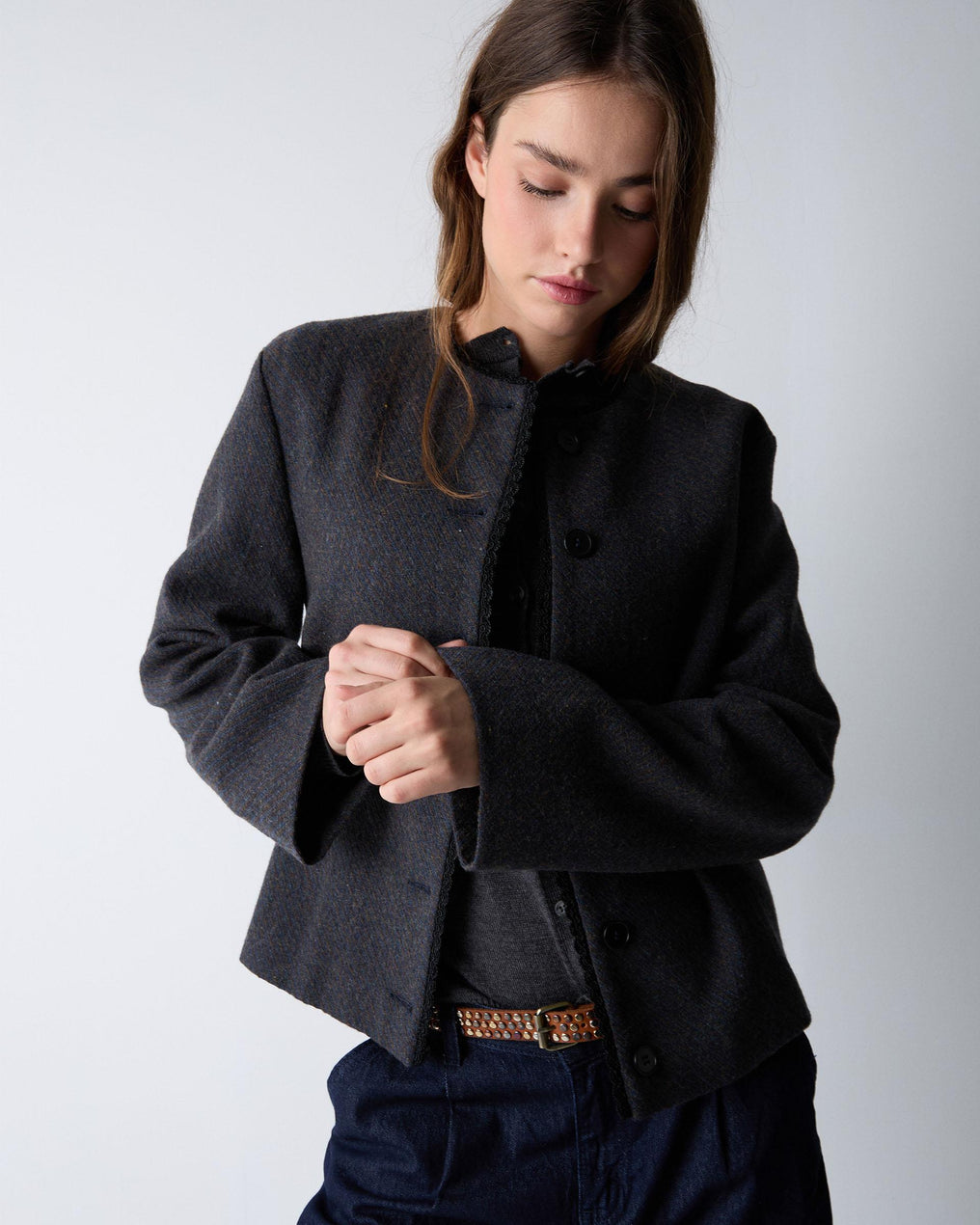 Chaqueta Botones Puntilla Mezcla Lana Marrón